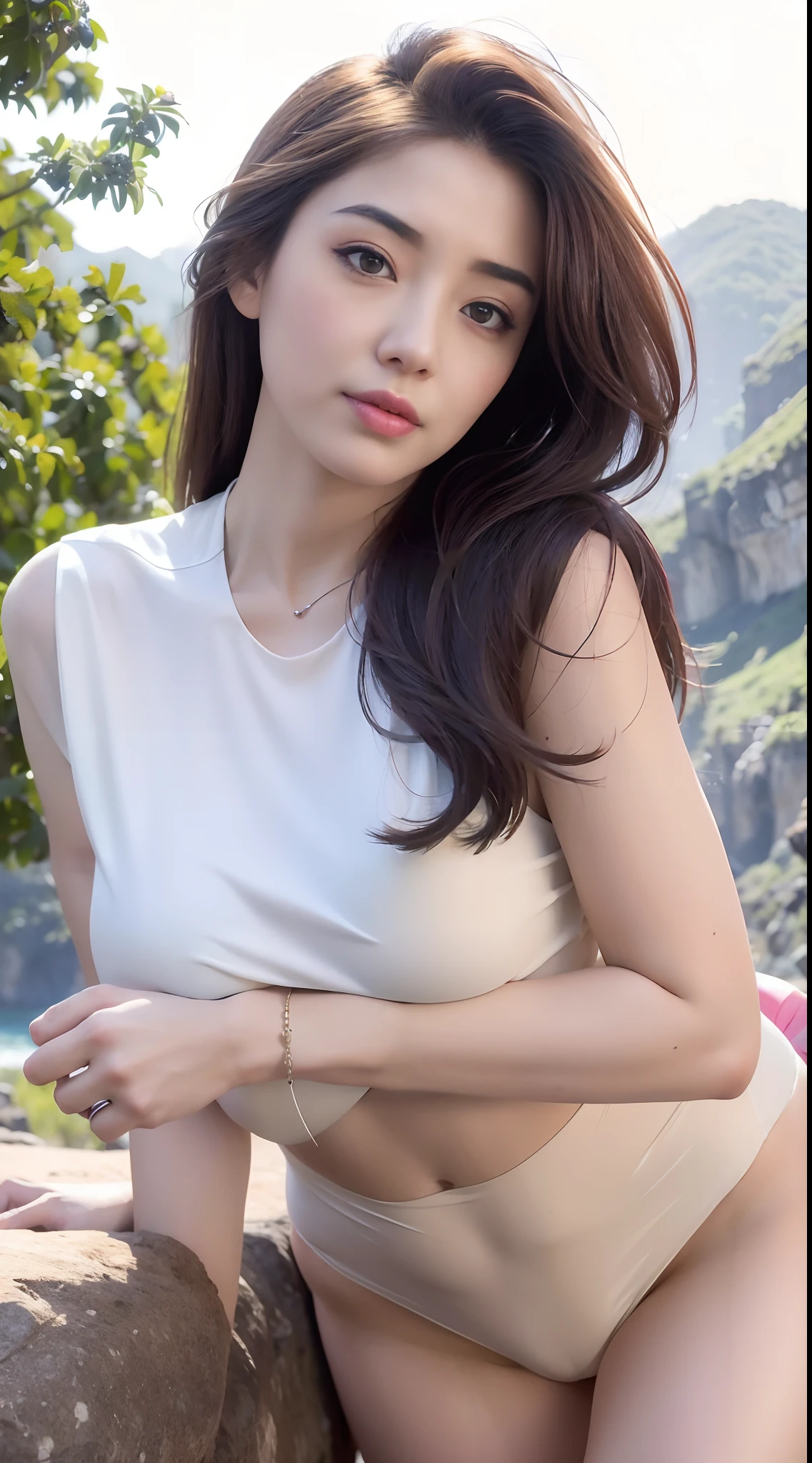 ((Realistic:1.5)),Ulzzang-6500:1.3,((Best quality)), ((Masterpiece)),((Detailed)),2girls,duo,{2 beautiful women}, (Upper body:1.3),Hug and touch each other, Tease your friend's waist, Breathless friends, Biting a friend's earlobe, crouched,super wide shot,Face focus, Long legs,Curvy, Barefoot,Wide hips, Thin legs, Oversized eyes,Long eyelashes, (Detailed face,beautidful eyes, detailedpupils,detailed clothes features, Clear background:1.3), (armlets, bangle:1.3), Mysterious ancient ruins, floresta exuberante, Deep canyon,bridge,River,cliff,Cloud,lakes,Rock music,(Waterfalls:1.3), Flowers, Grass,grape trees,tree,bright detail,Sharp,Perfect compounding, Intricate, Sharp focus, Dramatic,