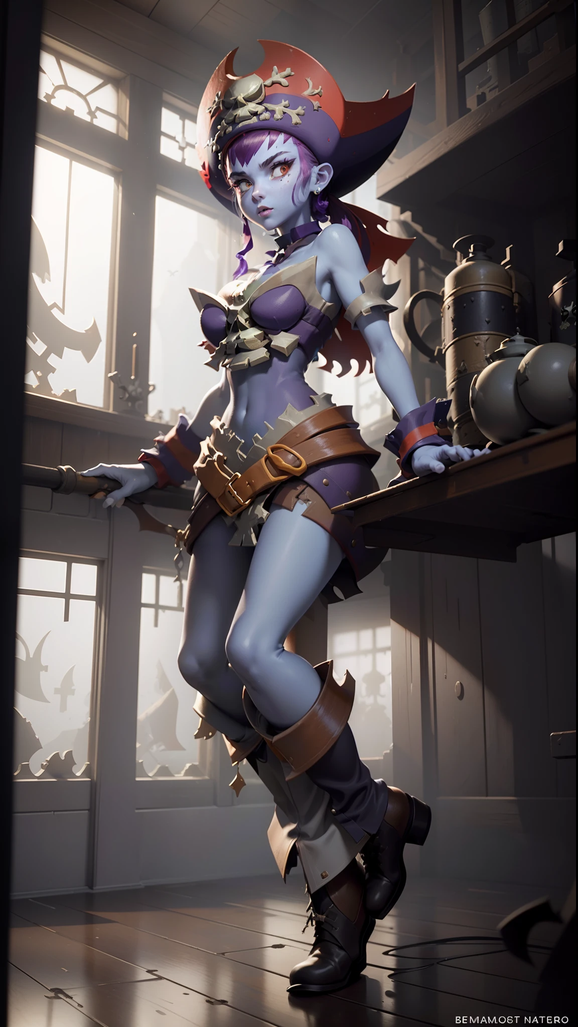 ((beste-Qualit)), ((tmasterpiece)), (higly detailed:1.3), 3d, On a gloomy and harsh pirate ship, Risks, Boot-related. Spark your imagination and paint a vivid portrait of the twisted psyche of Risks Boots, catching the essence of her madness and unbridled spirit, which defines it,HDR (High Dynamic Range),ray traced,NVIDIA RTX,Over-resolution,Unreal 5,sub-surface Scattering,PBR Texturing,postprocessed,Anisotropic filtering,Depth of field,Maximum clarity and sharpness,Multi-layer Textures,Albedo cards and mirrors,Surface shading, Accurately simulate the interaction of light and matter
