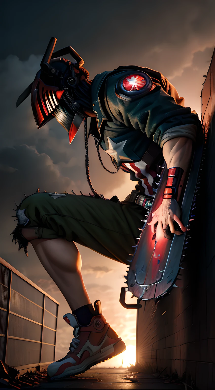 Chainsaw Man and captain america combined as one character, chainsaw on his hand, (top-quality、8K、32K、masterpiece、)、(The ultra -The high-definition)、(Photorealsitic:1.4)、Raw photography,Perfect eyes,Charming perfect figure,actionpose:1.2,Detailed cyberpunk fashion、World of Cyberpunk,depth of fields,blurry backround,、