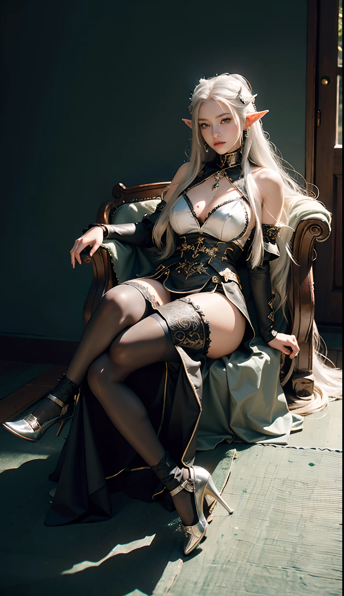 (Sanctuary,Dome:1. Mature elven beauty,standing on your feet,One word step,Flirtatious), tmasterpiece, best qualtiy, RAW photogr, realisticlying, Incredibly Ridiculous res,Elf long ears, ear studs, (Silvery-white flowing long hair),eye shadows,(Knight armor),eardrop,foot ring,Armor long skirt,(Black suspender stockings++),high-heels,Jade foot,depth of fields, A high resolution, ultra - detailed, filigree, RAWE is very detailed, very detailed eyes and faces, Sharp pupils, realistic pupil, tack sharp focus, cinmatic lighting,full bodyesbian,Bigboobs,long leges,From the front side,banquet,dynamicposes,Normal posture,closeup of face
