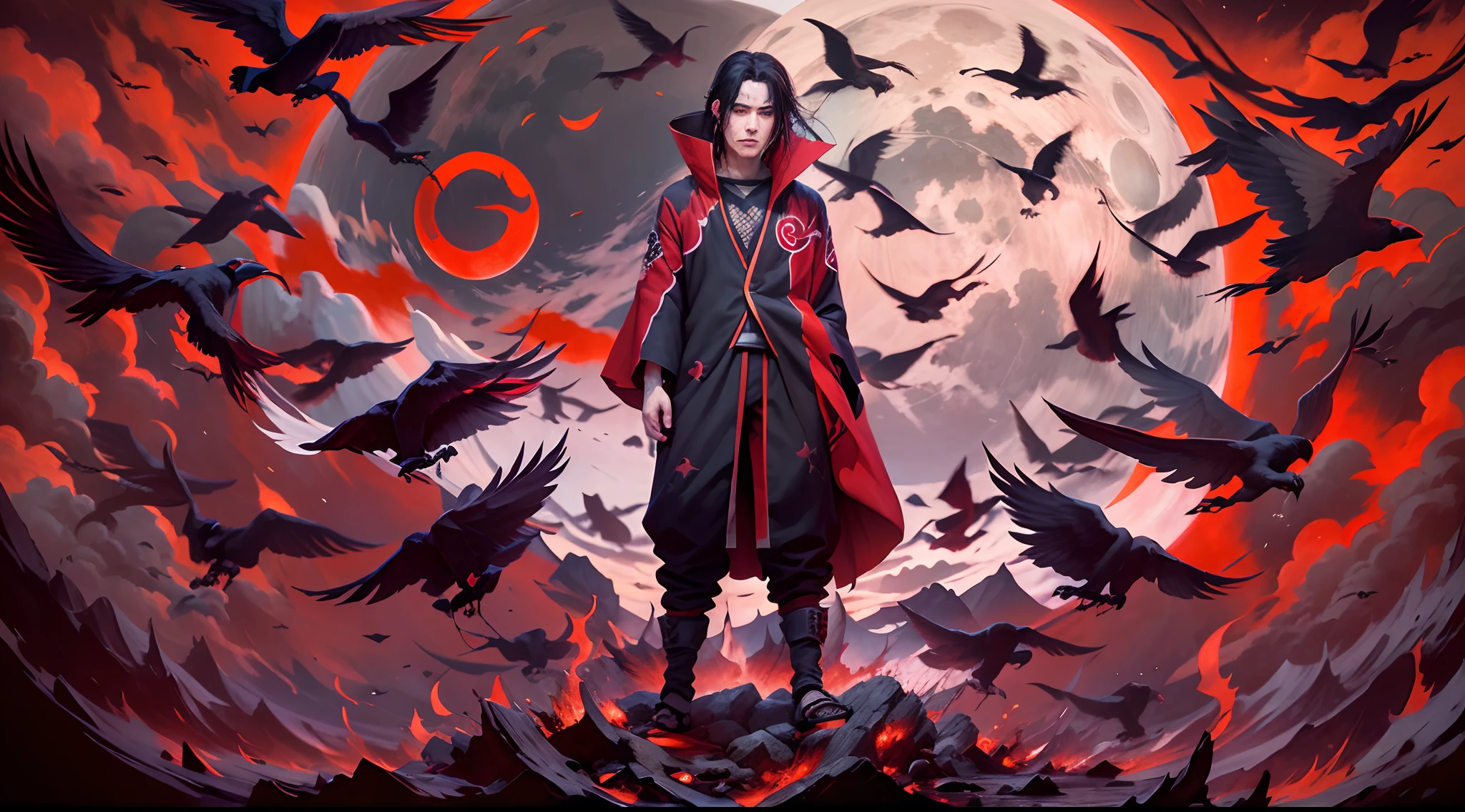 long hair young man, surrounded by crows, dark red theme, red moon in the background, high details, Uchiha Itachi, high details, wearing black robe with red clouds design, Naruto style, shinobi, Uchiha Itachi from Naruto, red eyes, Sharingan, Sharingan eyes, epic digital art illustration, no beard, red clouds design on the cloths