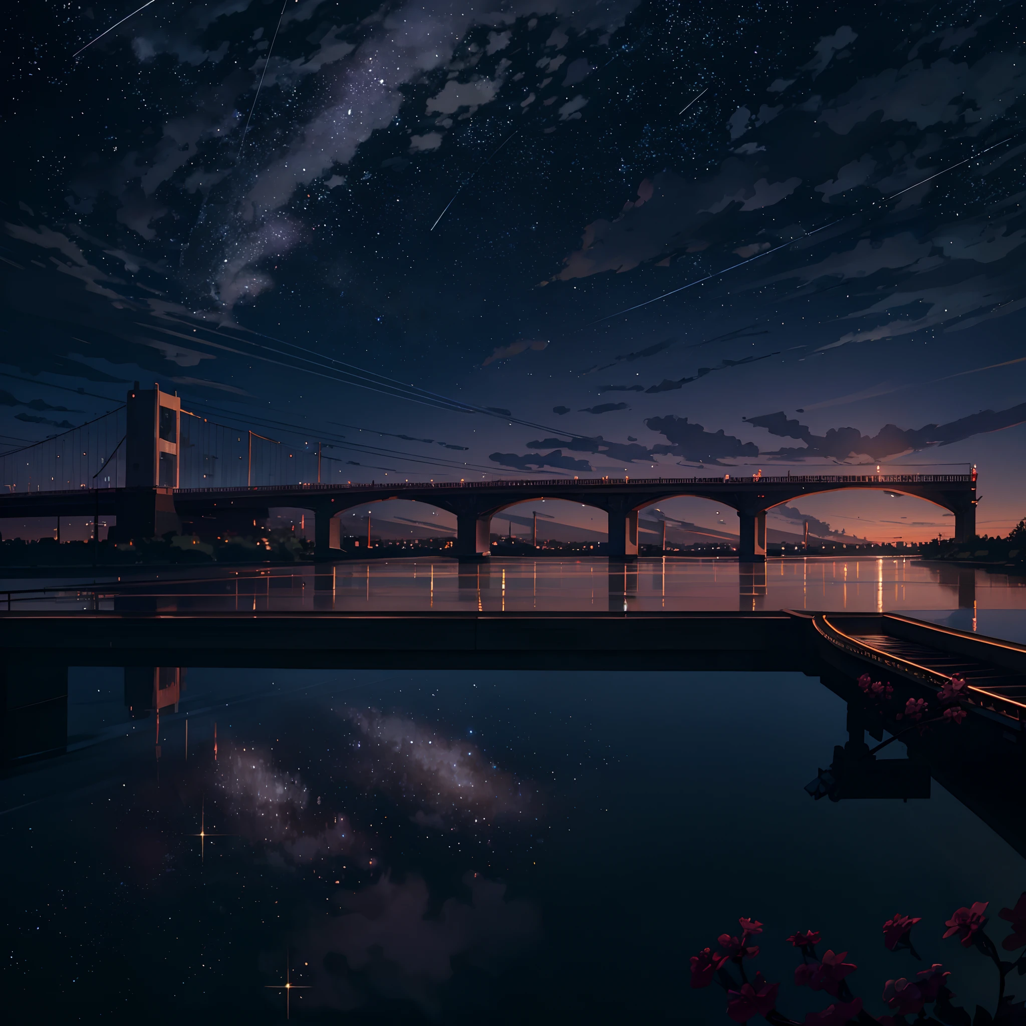 tmasterpiece,Anime train passing through a body of water on the tracks, (Glittering starry sky:1.2)。Romantic train,Makoto Shinkai photo,Pisif,concept-art,Laffy art style,Reflectors。 By Makoto Shinkai, Lofi art, beautiful anime scenes, Anime landscapes, Detailed scenery —width 672, in the style of makoto shinkai, Makoto Shinkai's style,Detail enhancement。