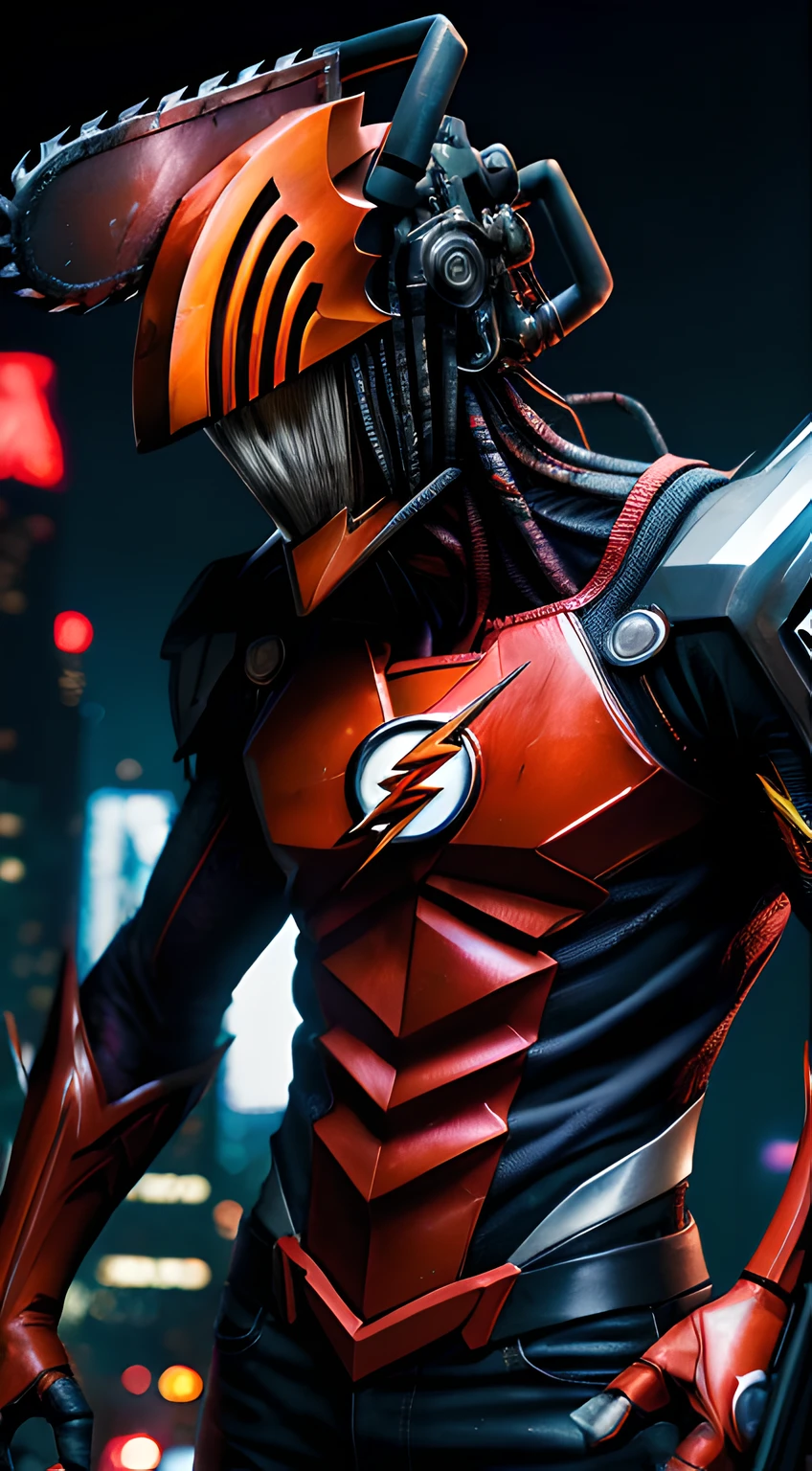 Chainsaw Man and The Flash combined as one character, (top-quality、8K、32K、​masterpiece、)、(The ultra -The high-definition)、(Photorealsitic:1.4)、Raw photography,Perfect eyes,Charming perfect figure,actionpose:1.2,Detailed cyberpunk fashion、World of Cyberpunk,depth of fields,blurry backround,、