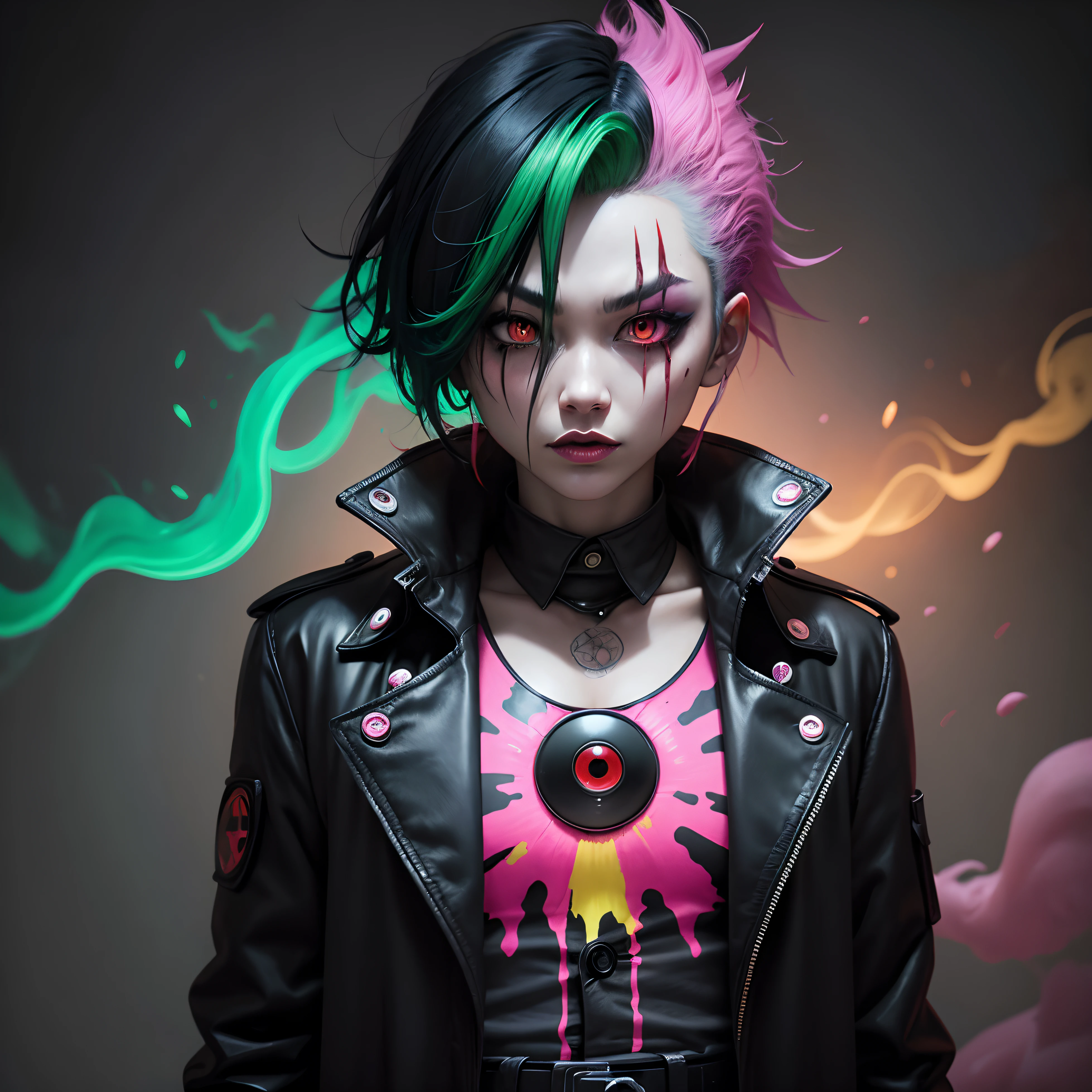 Black trenchcoat gothic clown Asian green hair fire background acrylic paint with gun eye infection headshot pink neon smoke