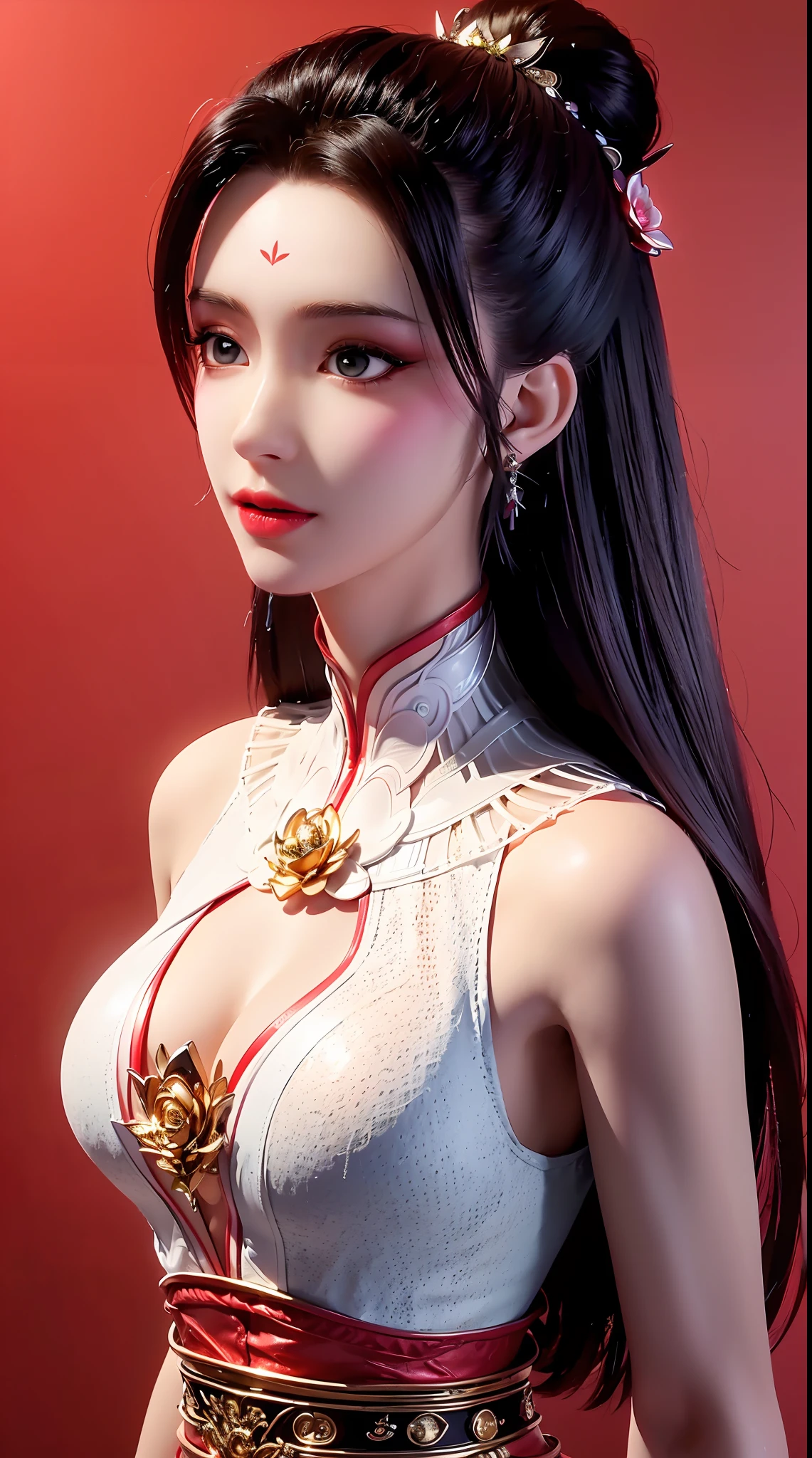 "1 beautiful girl wearing traditional costume, long thin red and white silk dress meticulously sewn, low-cut shirt, low slit, long black hair and bangs, most detailed and beautiful hair jewelry, mold most beautiful and flawless face, ((black eye pupils:0.8)), very beautiful eyes, big round eyes, ((red brown eyes:1.6)), beautiful and detailed makeup eyelashes, nose tall, earrings, small red lips, rosy face, clean face, flawless beautiful face, smooth white skin, ((large breasts: 0.9)), Blums breasts, ((chest big and super round: 0.9)), ((super tight breasts: 1.2)), ((breast augmentation: 0.8)), beautiful breasts, slim and petite body, ((thin waist: 0, 9)), upper body of a beautiful girl, sexy girl, fishnet stockings color coordinated according to outfit, 8k photo, super high quality, surreal, 10x super pixels, realistic photo, dark studio, background bright, two-tone light, (high detail skin: 1.2), 8k uhd, soft light, high quality, volumetric light, realistic, High resolution photo, light, best photo, quality 4k, 8k, smooth and sharp, increased pixels by 10 times, super graphics, most realistic graphics, (((red rose background: 1.6))), 1 girl, alone, solo, ((portrait direct:1.2)), Extremely sharp, super realistic images."