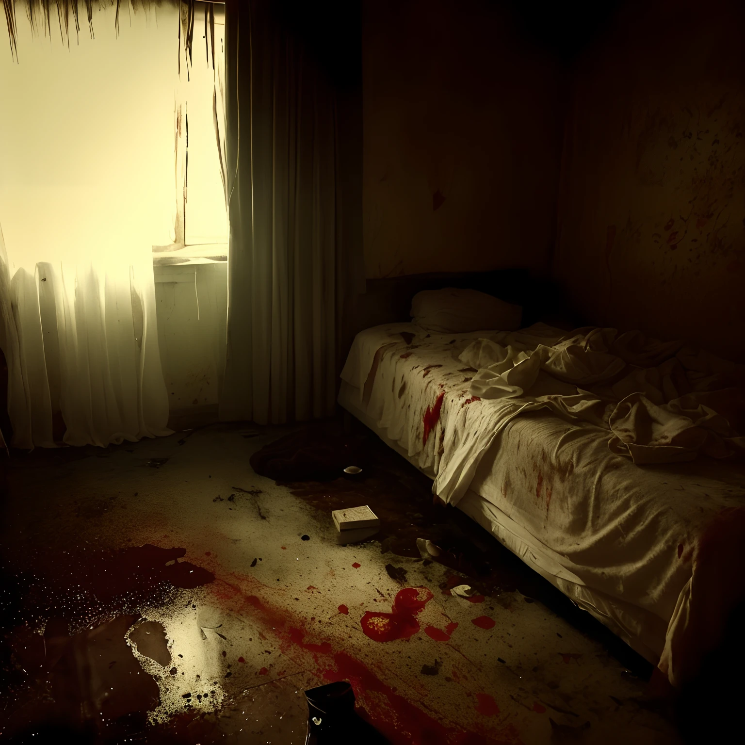 arafed bed in a dark room with a window and a blood stain on the floor, room with eerie feeling, dirty room, eerie room, dimly lit bedroom, hyperrealistic nightmare scene, horror photography, crime scene photography, horror scene, dimly lit room, murder scene, dark bedroom, horror image, blood stains on the walls, in a bedroom