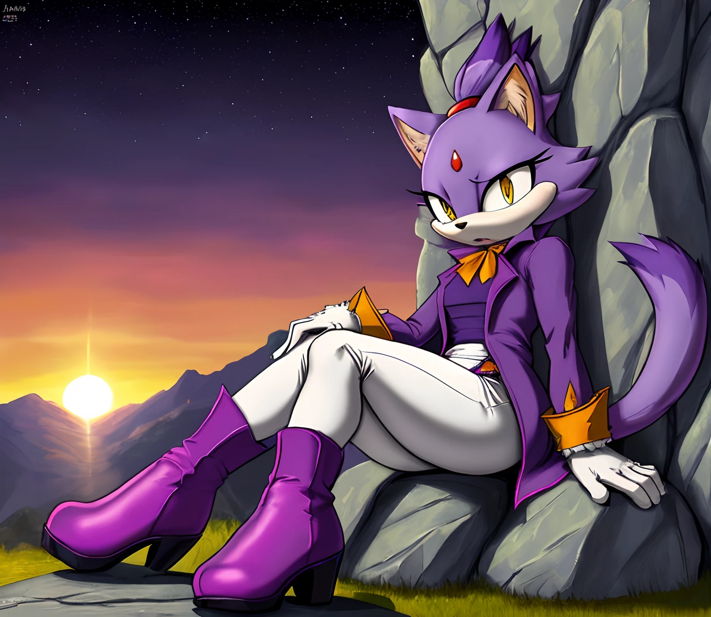 [Blaze the Cat], [Uploaded to e621.net; (Pixelsketcher), (twistedterra), (napalm_express)], ((masterpiece)), ((HD)), ((High quality)), ((solo portrait)), ((side view)), ((full body)), ((detailed fur)), ((detailed shading)), ((beautiful render art)), ((intricate details)), {anthro cat, (light purple fur), black nose, cat ears, beautiful yellow eyes, red diamond on forehead, purple highlights, ponytail, hair tie, long tail, (curvy hips), (beautiful legs), (expressionless)}, {(purple trench coat), (white leggings), (red high heel boots)}, {(sitting on stone wall), (hand on thighs)}, [background; (grass plains), (sunset), (starry sky)]