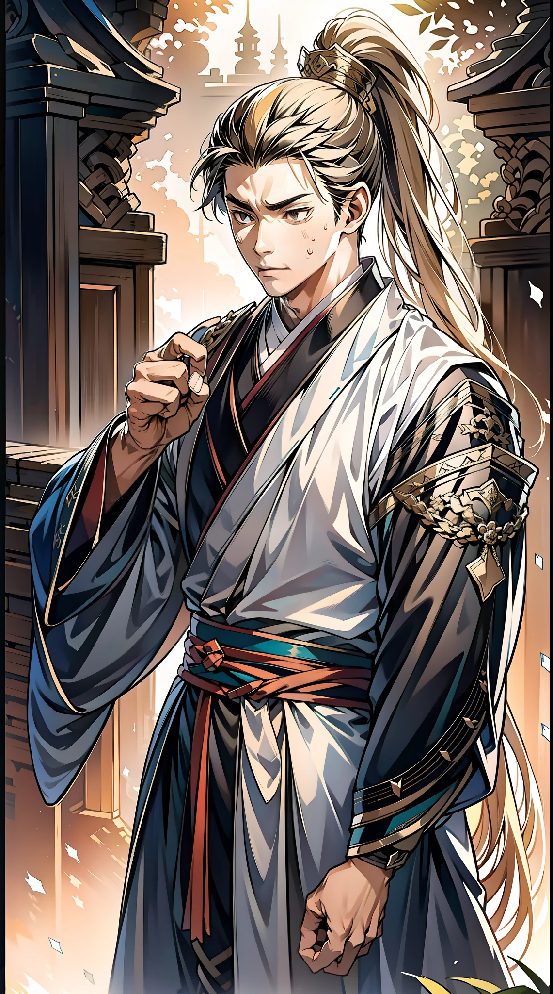 quadratic element,style of anime,mtu(Male Warrior),The proportions are correct,Face details,swordsmen,High ponytail hairstyle,Neck details,There is an Adam's apple,Black Hanfu,kaftan,Embroidered robes,Black robe,clothes details,Handing over,longer sleeves,Game quality,Swordsmanship,Light and shadow tracking,Ray traching,detailed glow,cg render,hair detail,cabelos preto e longos,Black eyes,Handsome,Handsome,(juvenile sense),Clothing is complicated,Perfectcomposition,Refinement,high qulity,higher details,Lots of details,The background is complex,a sense of atmosphere,