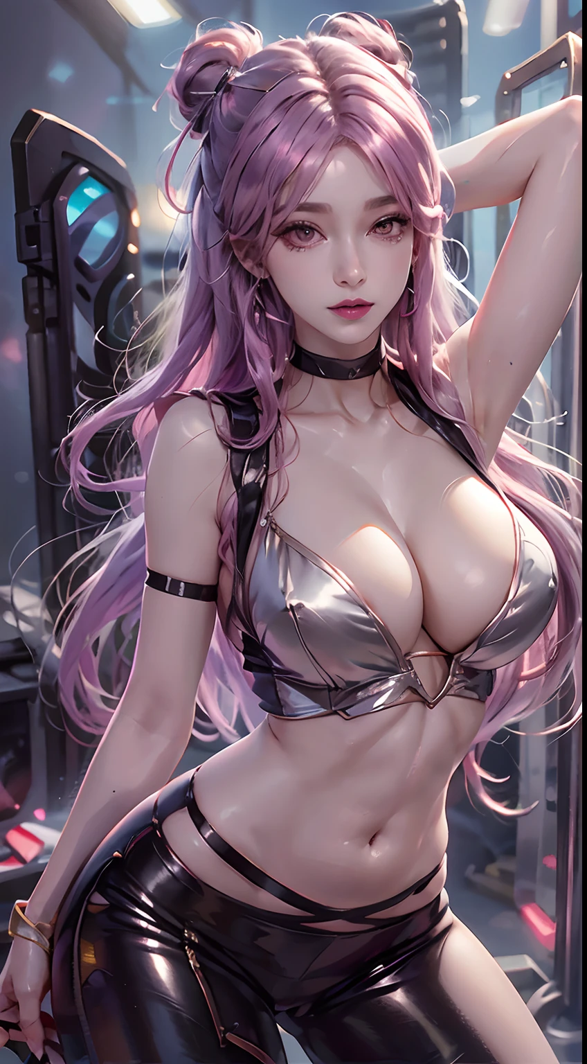 Photorealistic, high resolution, 1womanl, Mature female, Solo, Hips up,K/Da_Kai'Sa,jewelry, Earrings, Makeup, Bare shoulders, Crop top, White suspender small underwear, Clear thong panties,  Raised big breasts, crystals, , Single fingerless gloves, midriff, studio context, (Kpop idol), (aegyo sal:1), (Pink hair:1), ((Puffy eyes))