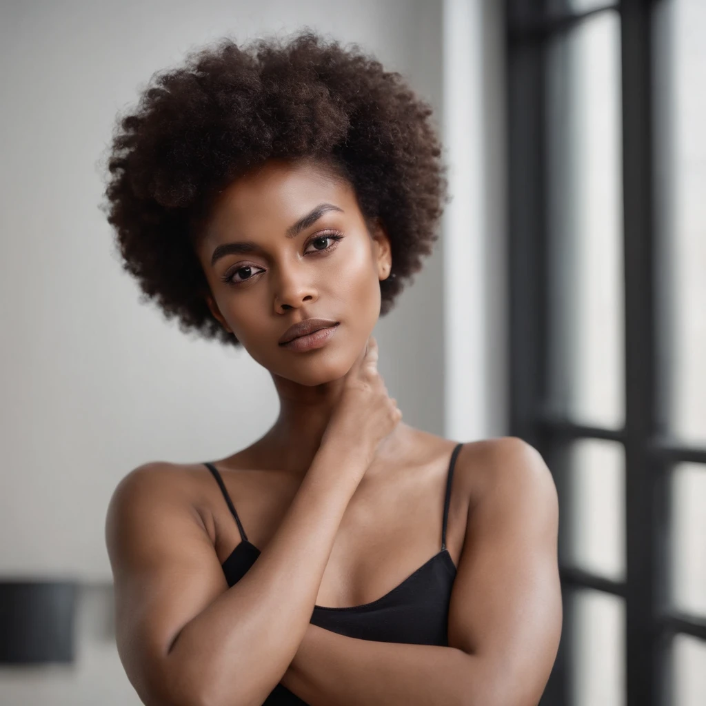 beautiful dark light skin woman with an afro hair style, Out-front photo of Influencer looking at the camera with hands crossed and folded around her rib cage, full body