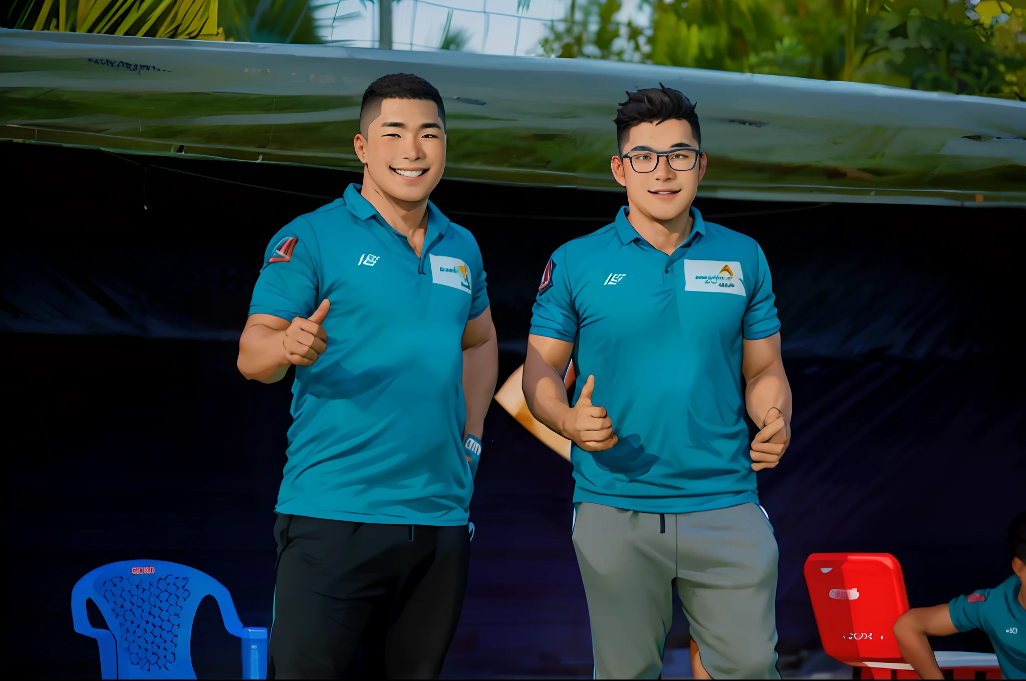 Draw a full-fledged athlete，Stand on the central field of the gym，He wears high-end sportswear，The man looks confident and determined，rays of sunshine，cheerful big breasts，Handsome，Crew cut，full bodyesbian，shooting from below，