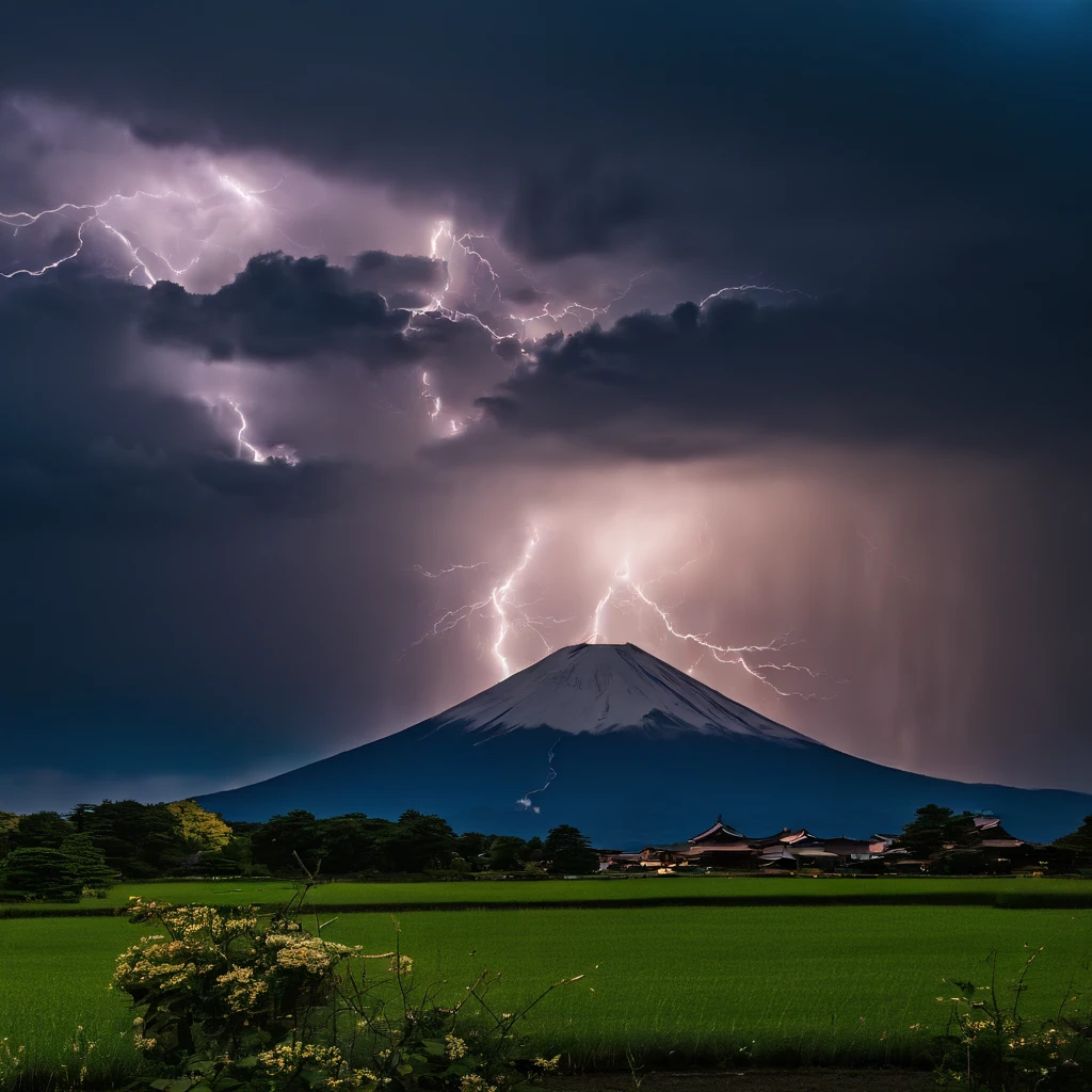 Master Parts、Superior Quality、superior image quality、The 8k quality、Beautiful pictures of the starry sky、magnifica、(Mt fuji:1.25)、dramatic cloud:1.5、(Numerous lightning strikes over Mt. Fuji:1.9)