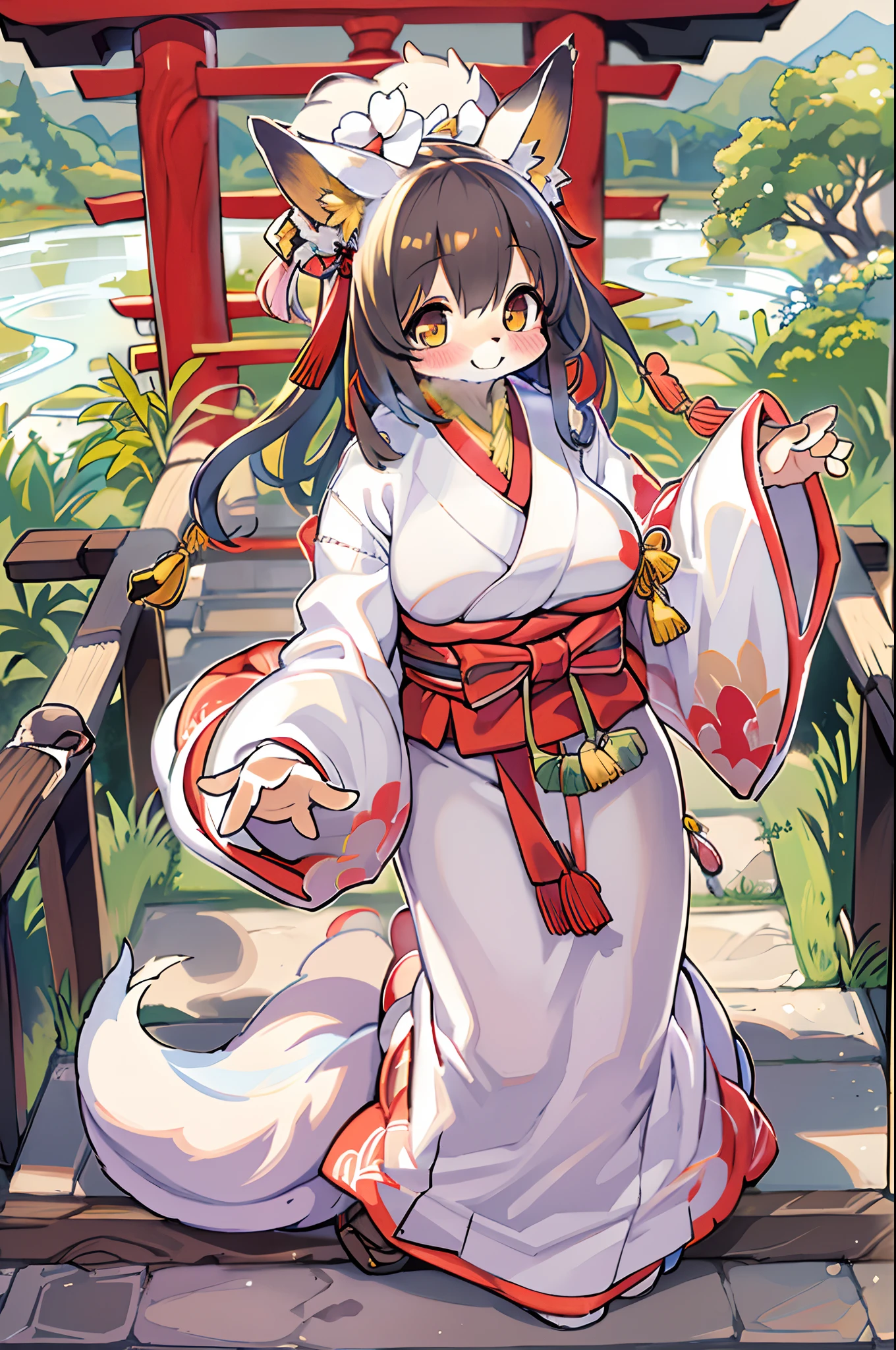 Fox Woman、body covered with fur、huge-breasted、kawaii、shrine maiden、Japan white clothes,Red Hakama、torii gate,summer day、look down from above、((selfie))、A big smile、bbw、thick thight、big butts、Ultramammy,Chibi,Nanachi