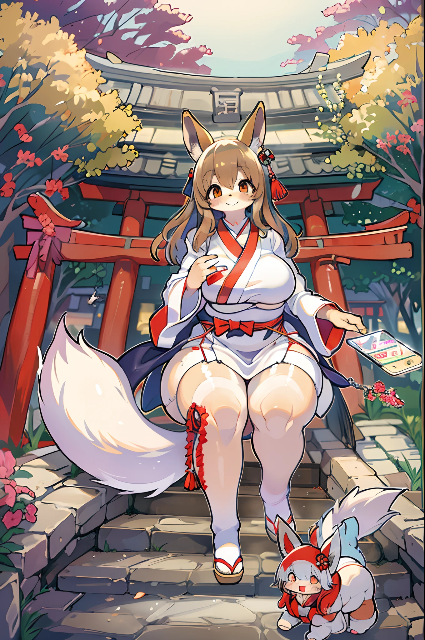 Fox Woman、body covered with fur、huge-breasted、kawaii、shrine maiden、Japan white clothes,Red Hakama、torii gate,summer day、look down from above、((selfie))、A big smile、bbw、thick thight、big butts、Ultramammy,Chibi,Nanachi