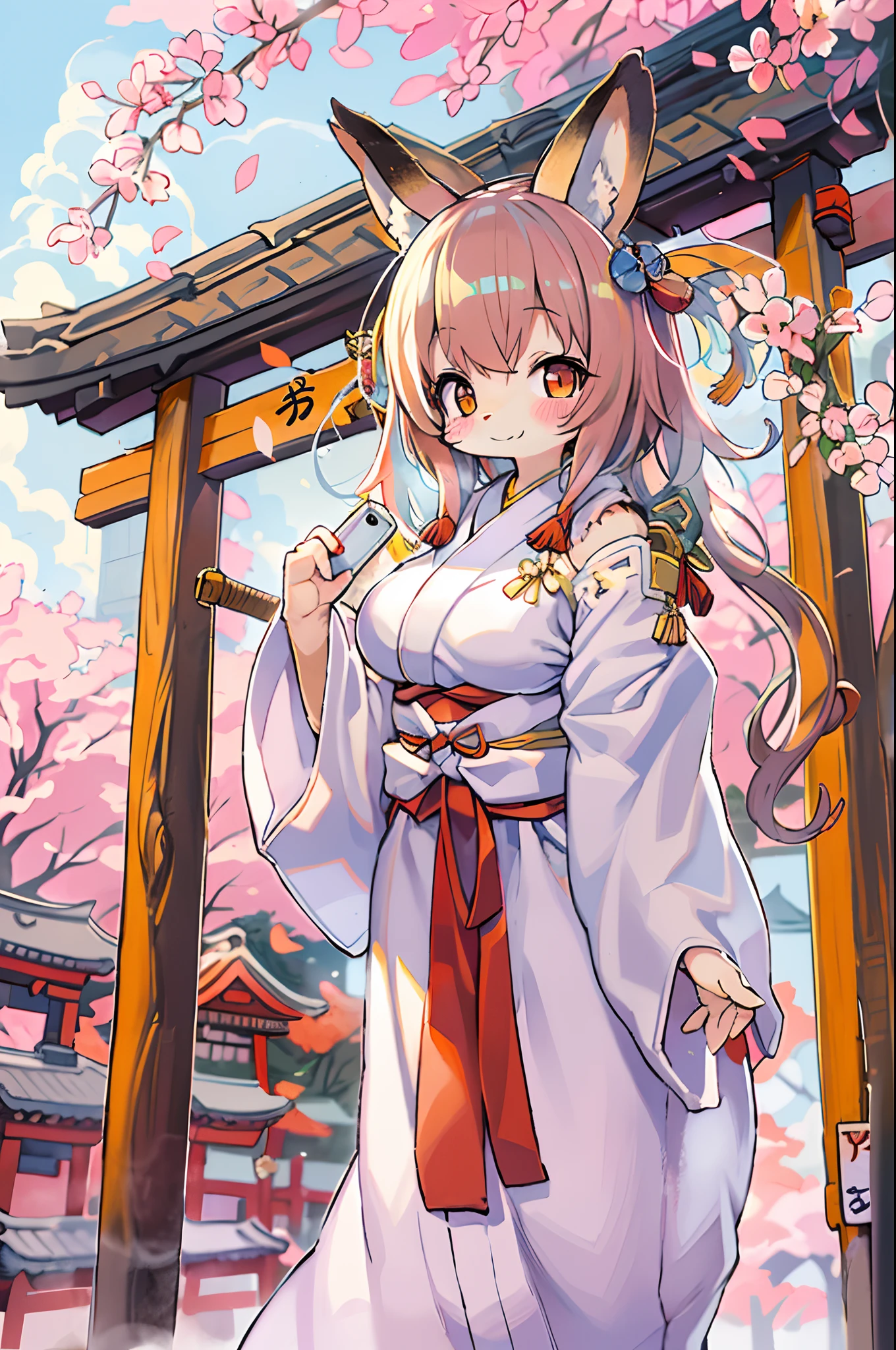 Fox Woman、body covered with fur、huge-breasted、kawaii、shrine maiden、Japan white clothes,Red Hakama、torii gate,summer day、look down from above、((selfie))、A big smile、bbw、thick thight、big butts、Ultramammy,Chibi,Nanachi