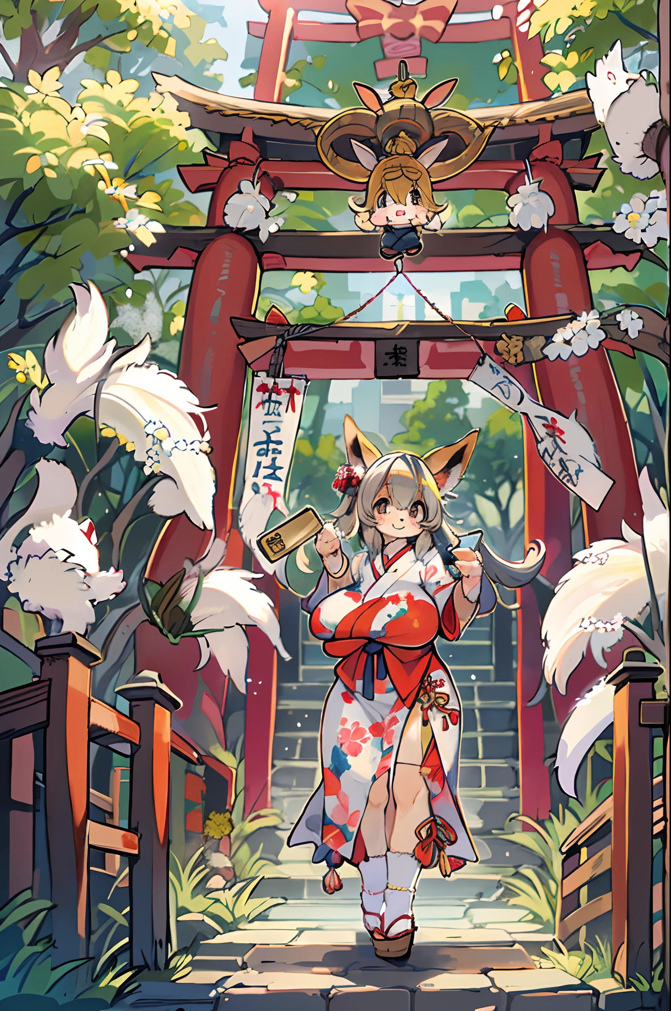Fox Woman、body covered with fur、huge-breasted、kawaii、shrine maiden、Japan white clothes,Red Hakama、torii gate,summer day、look down from above、((selfie))、A big smile、bbw、thick thight、big butts、Ultramammy,Chibi,Nanachi