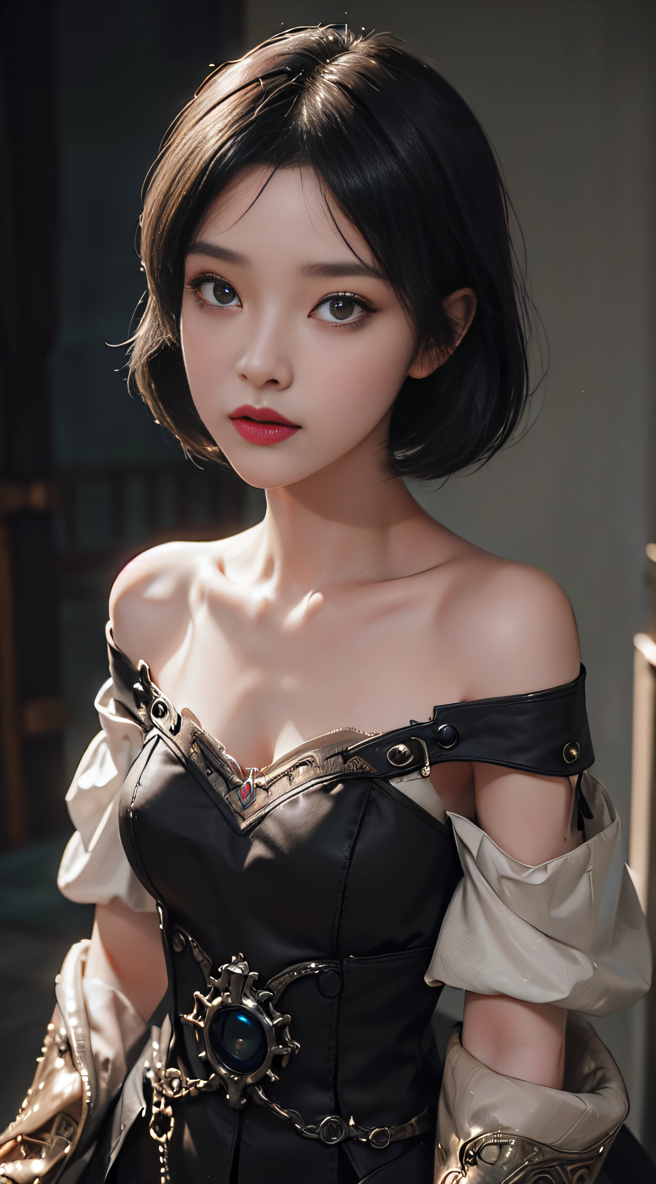(((Masterpiece, top quality, super detailed))), Composition from the knees up, One female, Slender body, (((short black bob, thick puffy bangs ))), (((very detailed face))), cosmetics-free, small thin nose, small thin-lipped mouth, (((very sharp focused eyes))), large slit precision pale grey eyes, sparkling like jewels, Long eyelashes, ((Very intricate mechanical steampunk fashion, Off-shoulder gothic fashion, Excessively decorative fashion)), (((overall accuracy has improved dramatically, creating a super detailed and realistic image))), Super realistic photo.
