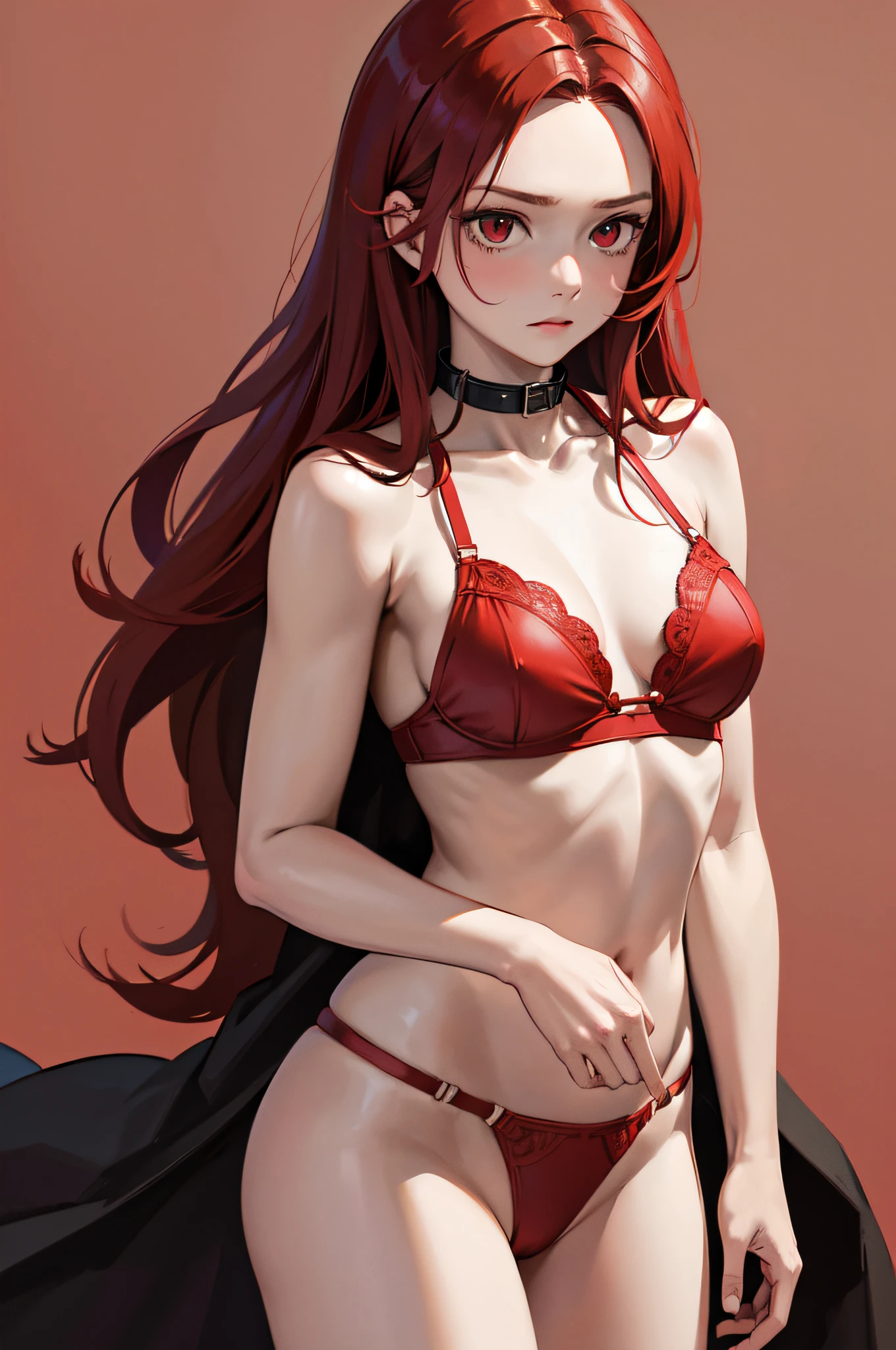 Masterpiece, Best Quality, highres, 1Girl, Solo, red hair, long wavy hair, red Eyes, Upper body only, stonewall background, no shirts, no pants, red brassiere, red underwear, large slave collar, mad face, forehead, hands tied