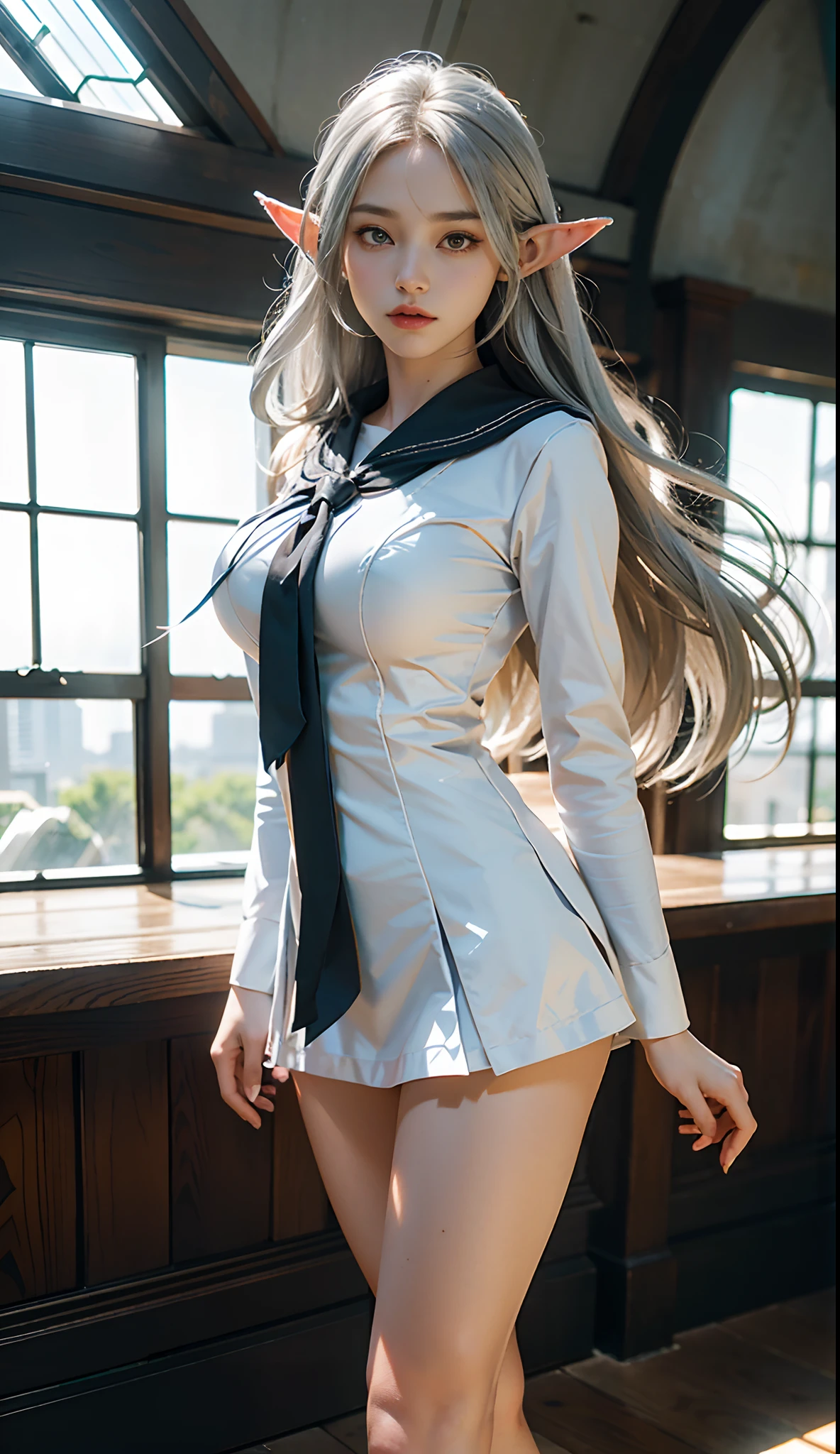 (Sanctuary,Dome:1. Mature elven beauty,standing on your feet,a sailor suit), tmasterpiece, best qualtiy, RAW photogr, realisticlying, Incredibly Ridiculous res,Elf long ears, ear studs, (Long silver-white flowing hair),eye shadows,(a sailor suit),eardrop,foot ring,short skirt,(Black half-knee socks++),Loafer shoes,depth of fields, A high resolution, ultra - detailed, filigree, RAWE is very detailed, very detailed eyes and faces, Sharp pupils, realistic pupil, tack sharp focus, cinmatic lighting,full bodyesbian,Bigboobs,long leges,From the front side,banquet,dynamicposes,Normal posture,closeup of face