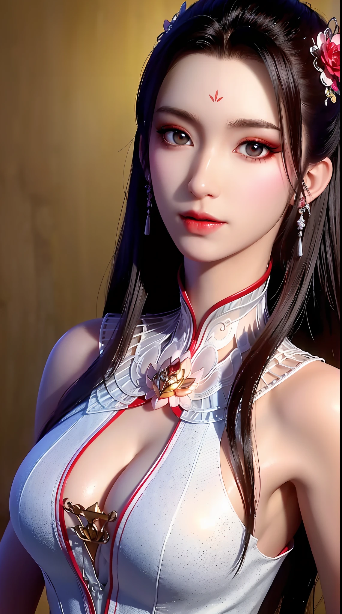 "1 beautiful girl wearing traditional costume, long thin red and white silk dress meticulously sewn, low-cut shirt, low slit, long black hair and bangs, most detailed and beautiful hair jewelry, mold most beautiful and flawless face, ((black eye pupils:0.8)), very beautiful eyes, big round eyes, ((red brown eyes:1.6)), beautiful and detailed makeup eyelashes, nose tall, earrings, small red lips, rosy face, clean face, flawless beautiful face, smooth white skin, ((large breasts: 0.9)), Blums breasts, ((chest big and super round: 0.9)), ((super tight breasts: 1.2)), ((breast augmentation: 0.8)), beautiful breasts, slim and petite body, ((thin waist: 0, 9)), upper body of a beautiful girl, sexy girl, fishnet stockings color coordinated according to outfit, 8k photo, super high quality, surreal, 10x super pixels, realistic photo, dark studio, background bright, two-tone light, (high detail skin: 1.2), 8k uhd, soft light, high quality, volumetric light, realistic, High resolution photo, light, best photo, quality 4k, 8k, smooth and sharp, increased pixels by 10 times, super graphics, most realistic graphics, (((rose background: 1.6))), 1 girl, alone, solo, ((portrait direct:1.2)), Extremely sharp, super realistic images."