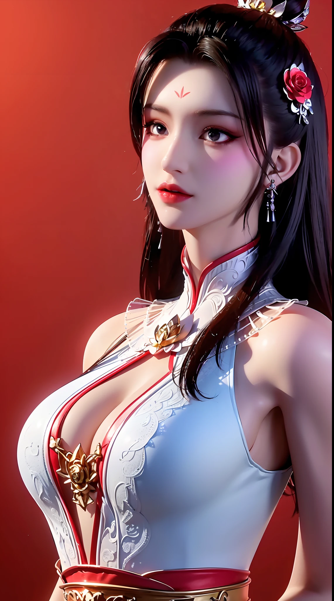 "1 beautiful girl wearing traditional costume, long thin red and white silk dress meticulously sewn, low-cut shirt, low slit, long black hair and bangs, most detailed and beautiful hair jewelry, mold most beautiful and flawless face, ((black eye pupils:0.8)), very beautiful eyes, big round eyes, ((red brown eyes:1.6)), beautiful and detailed makeup eyelashes, nose tall, earrings, small red lips, rosy face, clean face, flawless beautiful face, smooth white skin, ((large breasts: 0.9)), Blums breasts, ((chest big and super round: 0.9)), ((super tight breasts: 1.2)), ((breast augmentation: 0.8)), beautiful breasts, slim and petite body, ((thin waist: 0, 9)), upper body of a beautiful girl, sexy girl, fishnet stockings color coordinated according to outfit, 8k photo, super high quality, surreal, 10x super pixels, realistic photo, dark studio, background bright, two-tone light, (high detail skin: 1.2), 8k uhd, soft light, high quality, volumetric light, realistic, High resolution photo, light, best photo, quality 4k, 8k, smooth and sharp, increased pixels by 10 times, super graphics, most realistic graphics, (((rose background: 1.6))), 1 girl, alone, solo, ((portrait direct:1.2)), Extremely sharp, super realistic images."