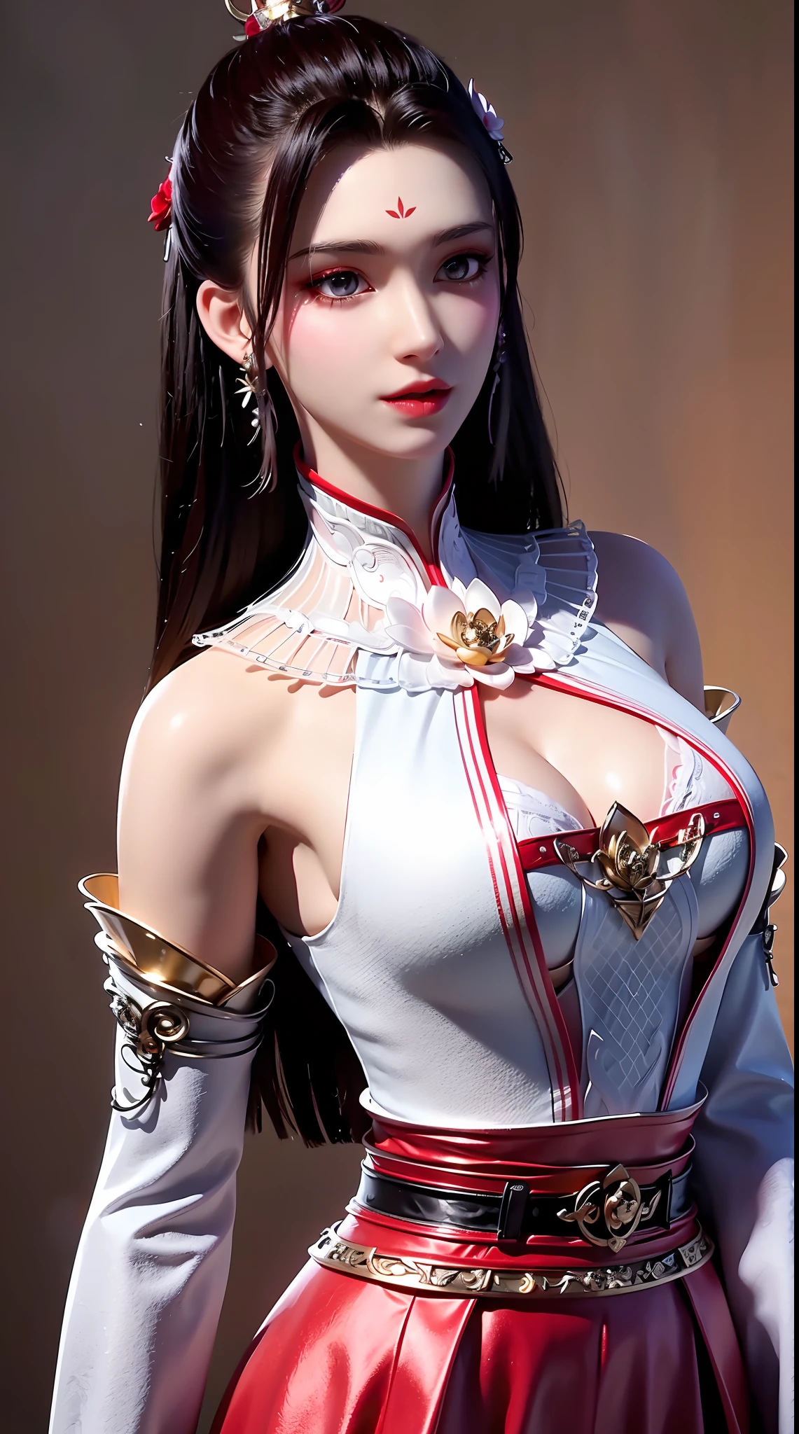 "1 beautiful girl wearing traditional costume, long thin red and white silk dress meticulously sewn, low-cut shirt, low slit, long black hair and bangs, most detailed and beautiful hair jewelry, mold most beautiful and flawless face, ((black eye pupils:0.8)), very beautiful eyes, big round eyes, ((red brown eyes:1.6)), beautiful and detailed makeup eyelashes, nose tall, earrings, small red lips, rosy face, clean face, flawless beautiful face, smooth white skin, ((large breasts: 0.9)), Blums breasts, ((chest big and super round: 0.9)), ((super tight breasts: 1.2)), ((breast augmentation: 0.8)), beautiful breasts, slim and petite body, ((thin waist: 0, 9)), upper body of a beautiful girl, sexy girl, fishnet stockings color coordinated according to outfit, 8k photo, super high quality, surreal, 10x super pixels, realistic photo, dark studio, background bright, two-tone light, (high detail skin: 1.2), 8k uhd, soft light, high quality, volumetric light, realistic, High resolution photo, light, best photo, quality 4k, 8k, smooth and sharp, increased pixels by 10 times, super graphics, most realistic graphics, (((rose background: 1.6))), 1 girl, alone, solo, ((portrait direct:1.2)), Extremely sharp, super realistic images."