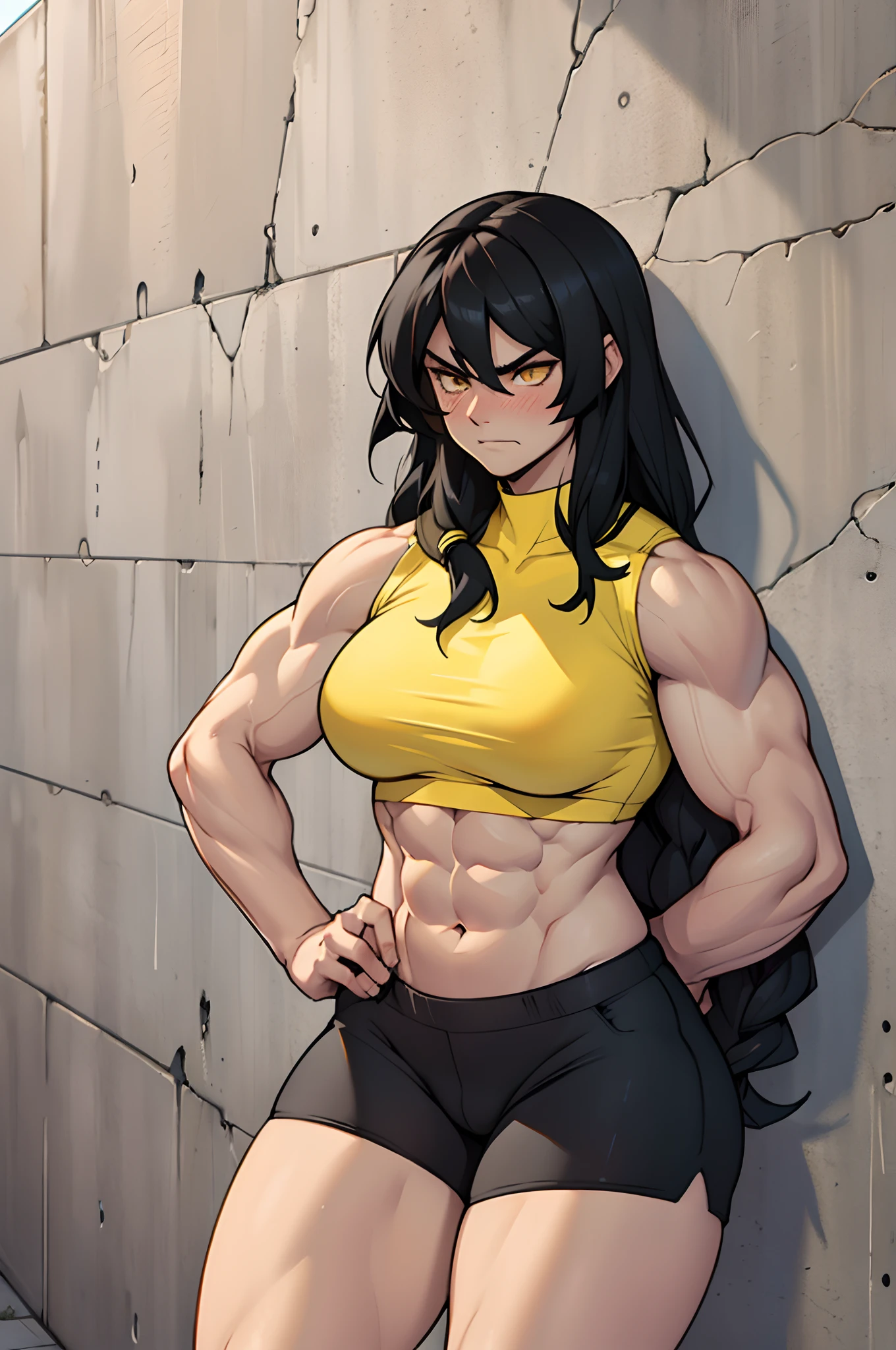 expressionless sad frown (((muscular girl toned body large breasts thick perfect female anatomy))) yellow eyes black hair pale best quality