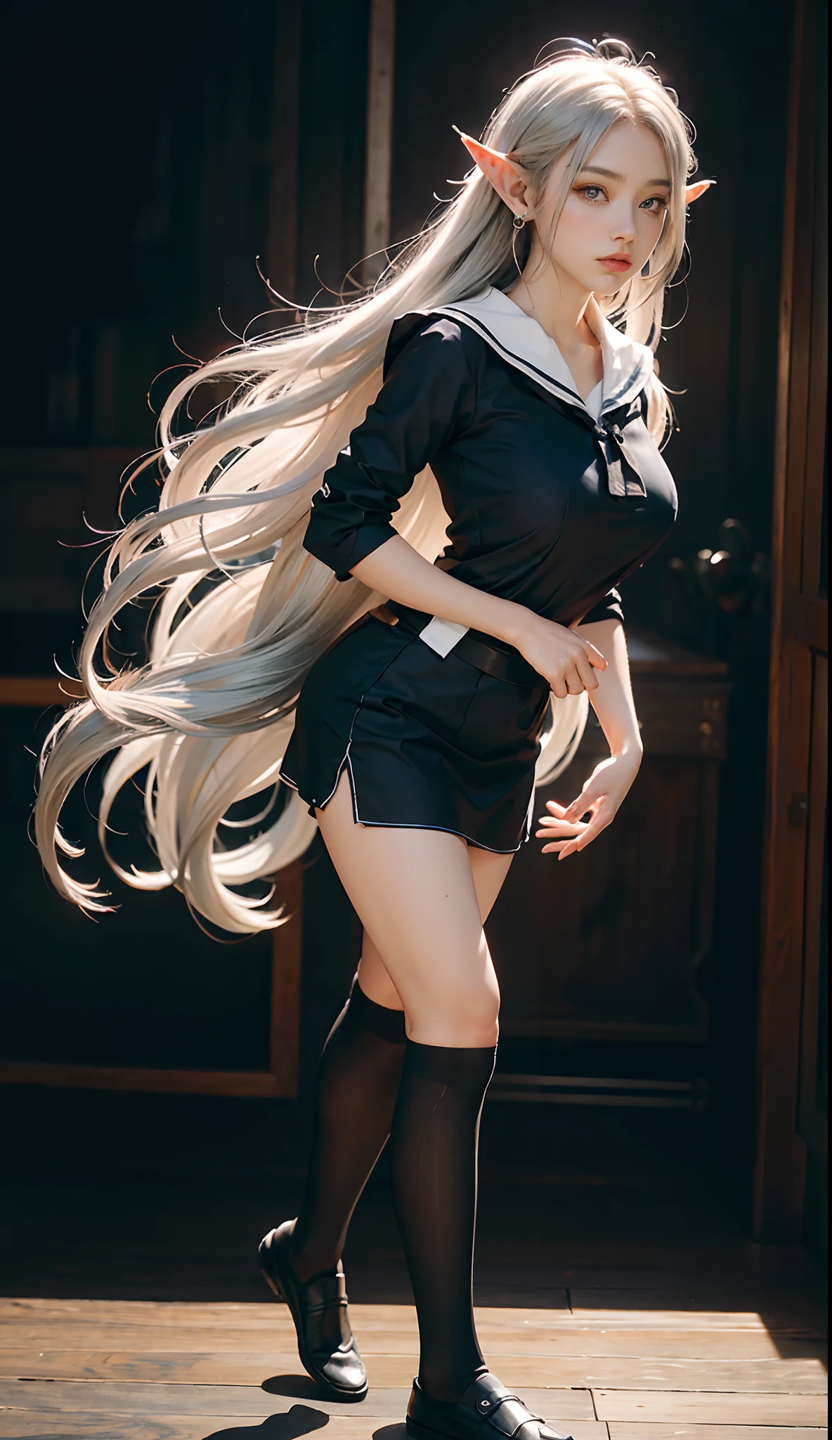 (Sanctuary，Dome：1. Mature elven beauty，standing on your feet，a sailor suit）， tmasterpiece， best qualtiy， RAW photogr， realisticlying， Incredibly Ridiculous res，Elf long ears， ear studs，hair pin， (Long silver-white flowing hair)，eye shadows，(a sailor suit)，eardrop，foot ring，short  skirt，(Black sport socks)（Black half-knee socks++），Loafer shoes，depth of fields， A high resolution， ultra - detailed， filigree， RAWE is very detailed， very detailed eyes and faces， Sharp pupils， realistic pupil， tack sharp focus， cinmatic lighting，full bodyesbian，Bigboobs，long leges，From the front side，banquet，dynamicposes，Normal posture，closeup of face