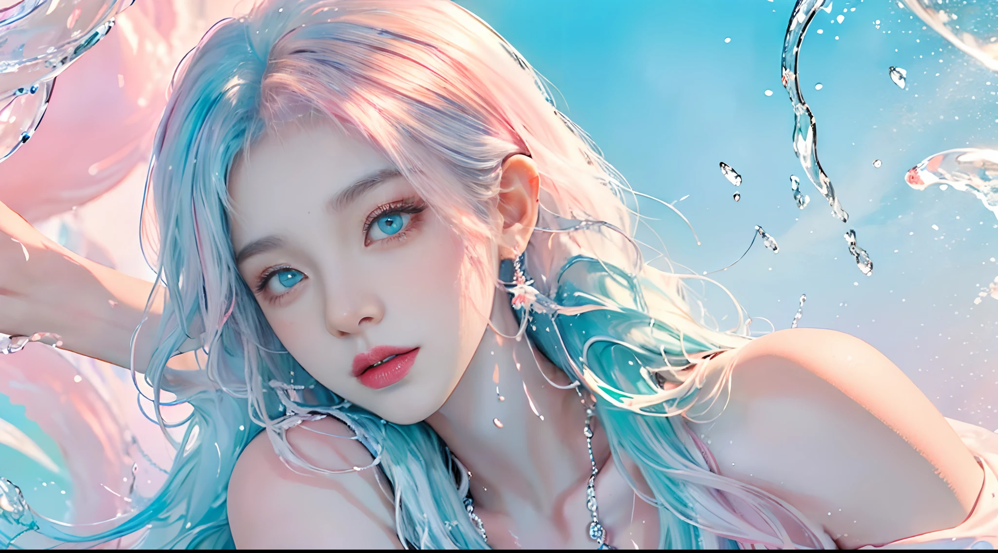 (Masterpiece, Best Quality, High Resolution), White Background, Acrylic Paint, ((Color Splash, Splash of Ink, Color Splash)), Sweet Chinese Girl, Long Light Blue Hair, [Light Blue|Pink] Hair, Curly Hair, Glitter, Peach Lips, White Shirt, Front, Upper Body