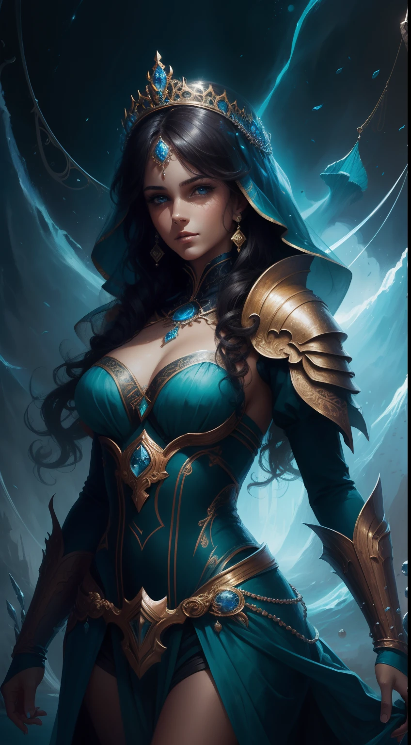 Maximum resolution 4k, (8k), beautiful woman, Princess of the Ocean, Reina de los mares, cheerful expression, hermosos ojos de colores, beautiful exotic figure, traje sexy, traje digno de una reina del mar, detalles precisos, rostro detallado, fantasy, dramatic, intrincado, elegante, muy detallado, Pintura digital, Art Station, arte conceptual, smooth and sharp focus, illustration, arte de Gustave Dore, Octanaje, 4k , (solamente:1.4)