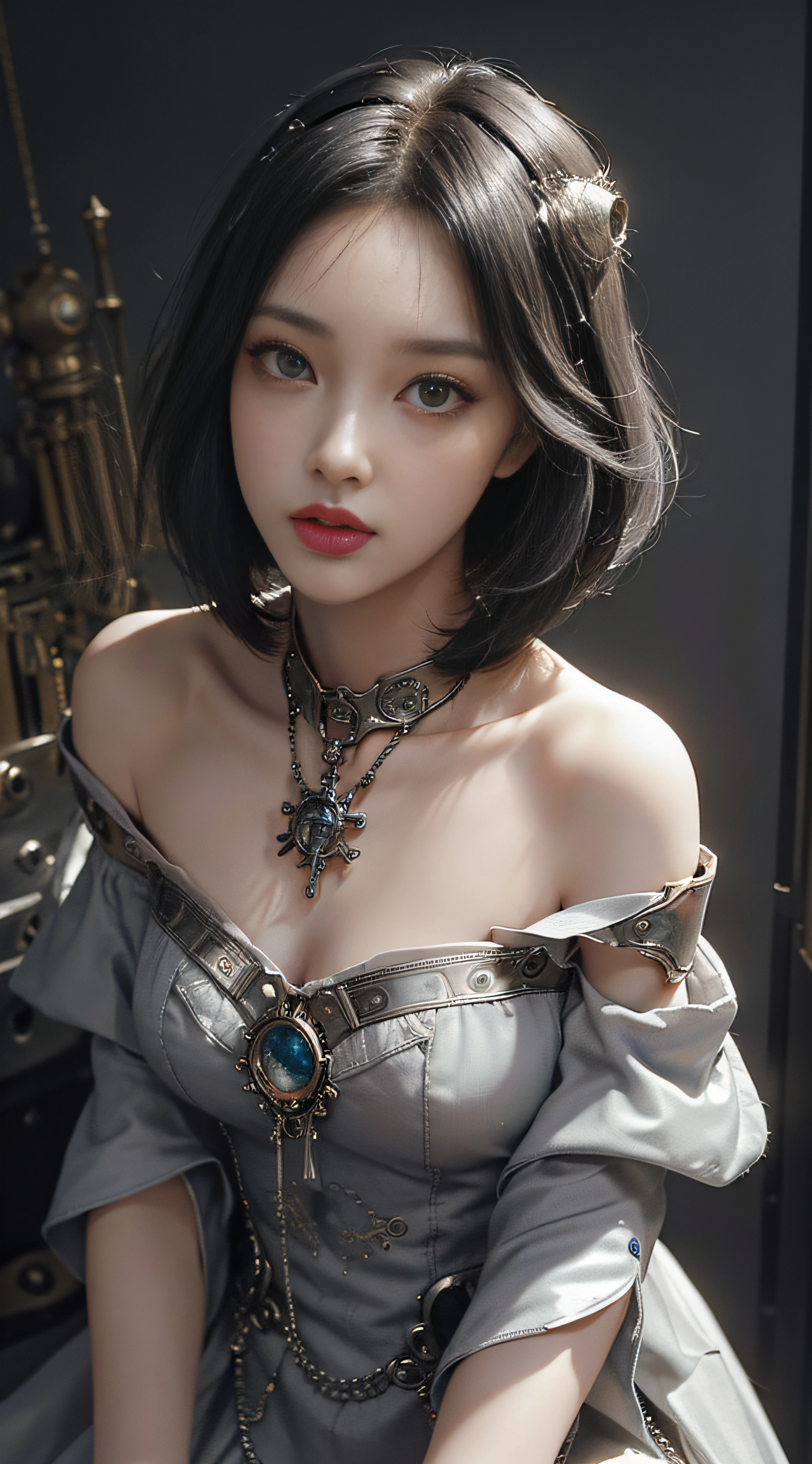 (((Masterpiece, top quality, super detailed))), Composition from the knees up, One female, Slender body, (((short black bob, thick puffy bangs ))), (((very detailed face))), cosmetics-free, small thin nose, small thin-lipped mouth, (((very sharp focused eyes))), large slit precision pale grey eyes, sparkling like jewels, Long eyelashes, ((Very intricate mechanical steampunk fashion, Off-shoulder gothic fashion, Excessively decorative fashion)),  (((overall accuracy has improved dramatically, creating a super detailed and realistic image))),  Super realistic photo.