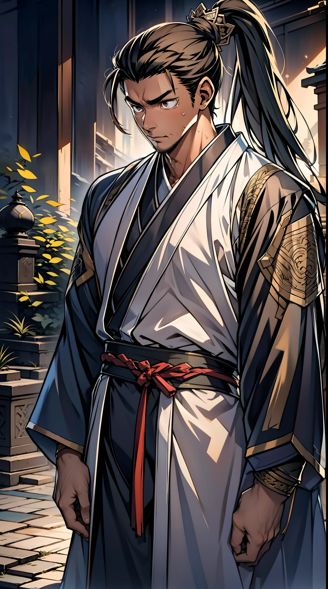 quadratic element,style of anime,mtu(Male Warrior),The proportions are correct,Face details,swordsmen,High ponytail hairstyle,Neck details,There is an Adam's apple,Black Hanfu,kaftan,Embroidered robes,Black robe,clothes details,Handing over,longer sleeves,Game quality,Swordsmanship,Light and shadow tracking,Ray traching,detailed glow,cg render,hair detail,cabelos preto e longos,Black eyes,Handsome,Handsome,(juvenile sense),Clothing is complicated,Perfectcomposition,Refinement,high qulity,higher details,Lots of details,The background is complex,a sense of atmosphere,