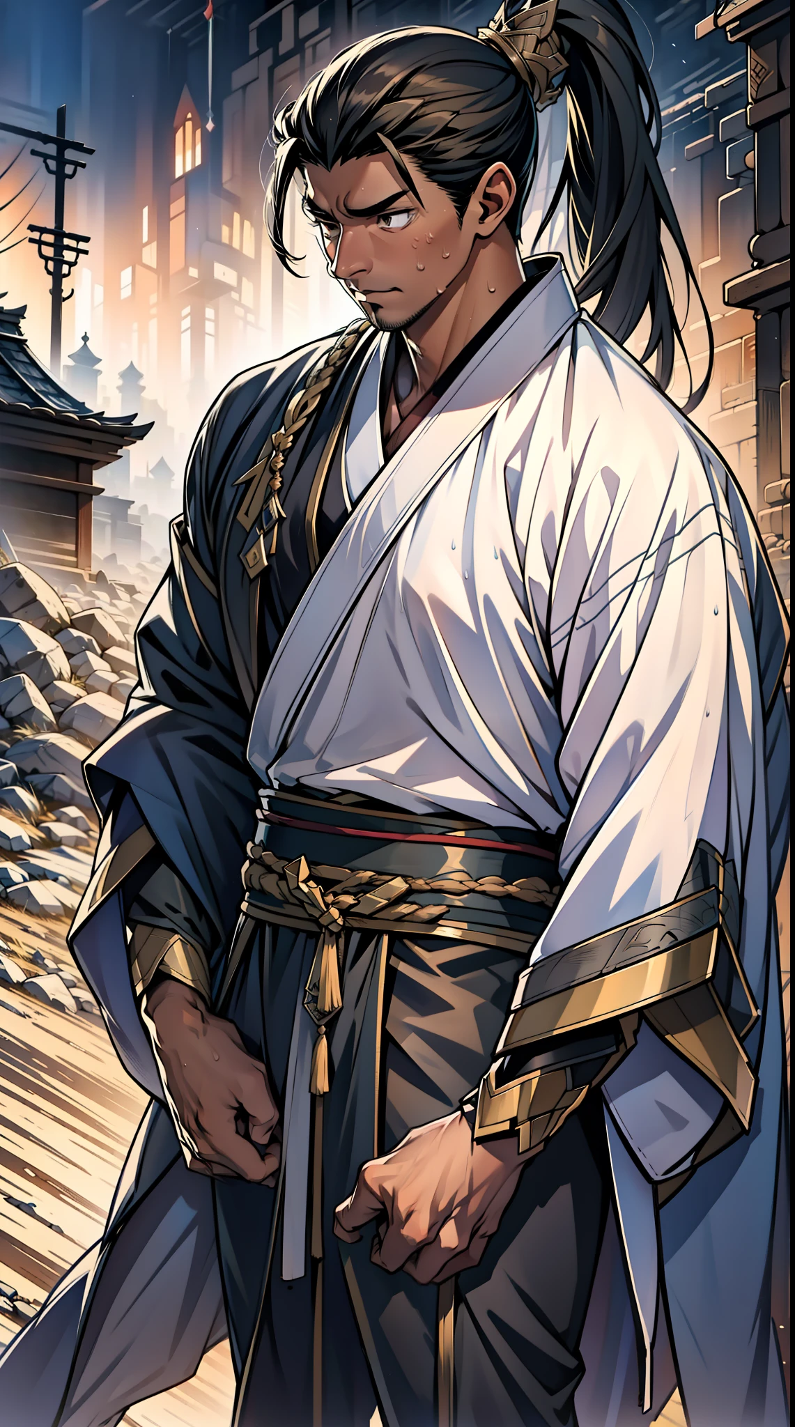 quadratic element,style of anime,mtu(Male Warrior),The proportions are correct,Face details,swordsmen,High ponytail hairstyle,Neck details,There is an Adam's apple,Black Hanfu,kaftan,Embroidered robes,Black robe,clothes details,Handing over,longer sleeves,Game quality,Swordsmanship,Light and shadow tracking,Ray traching,detailed glow,cg render,hair detail,cabelos preto e longos,Black eyes,Handsome,Handsome,(juvenile sense),Clothing is complicated,Perfectcomposition,Refinement,high qulity,higher details,Lots of details,The background is complex,a sense of atmosphere,