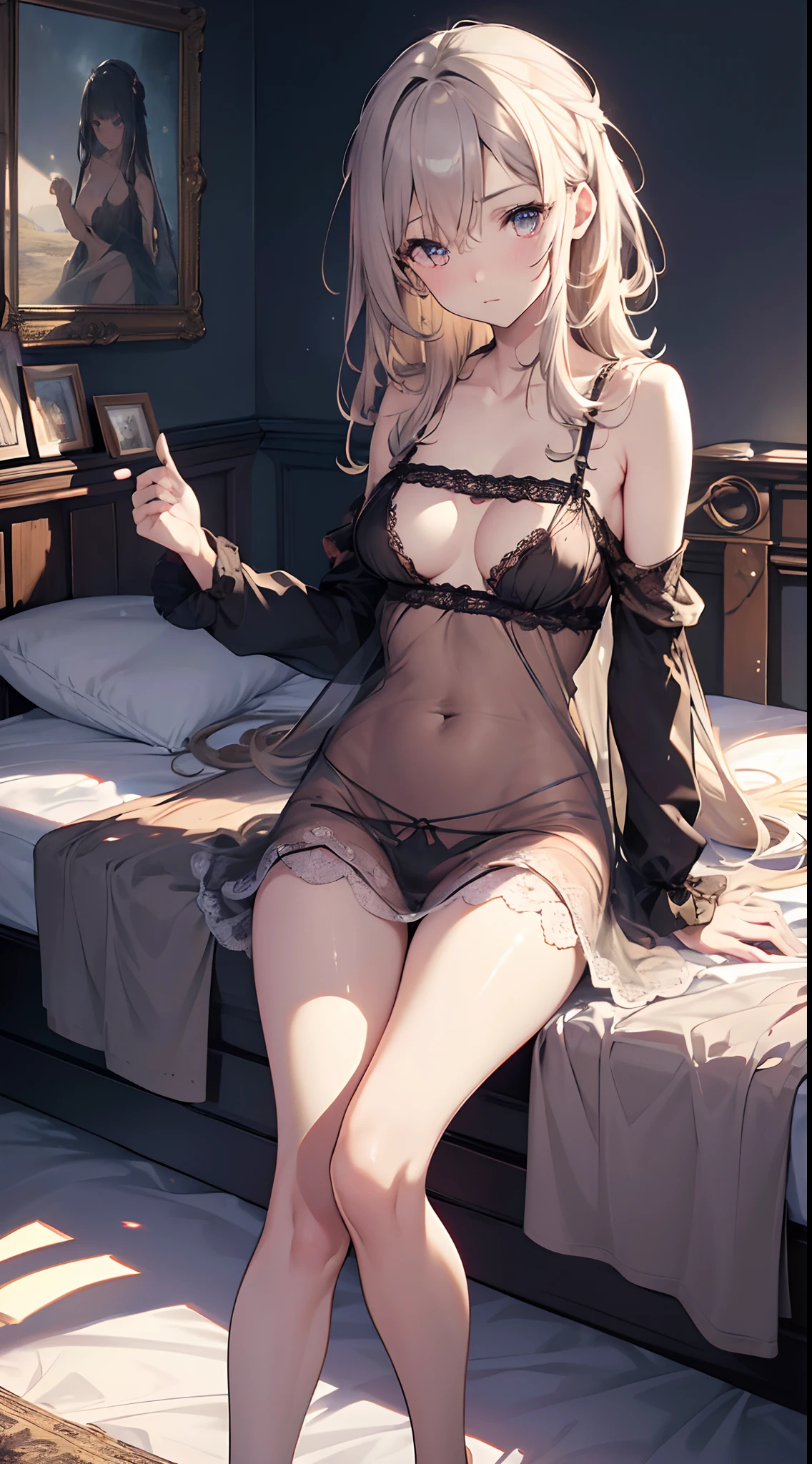 (hyper realisitic), (Illustration), (High resolution), (8K), (Extremely detailed), (Best Illustration), (Beautiful detailed eyes), (Best Quality), (super detailed), (masutepiece), (Wallpaper), (Detailed face), Solo, (Dynamic Pose), 1 girl, White wavy hair on bed,Lose clothes, European, Heterochromic eyes, Small moles under the eyes, ((Very thin, small and short nightdress)), Big breasts, Long legs, Legs conflict,Super toned abs, (Camel toes), (), (No bra)