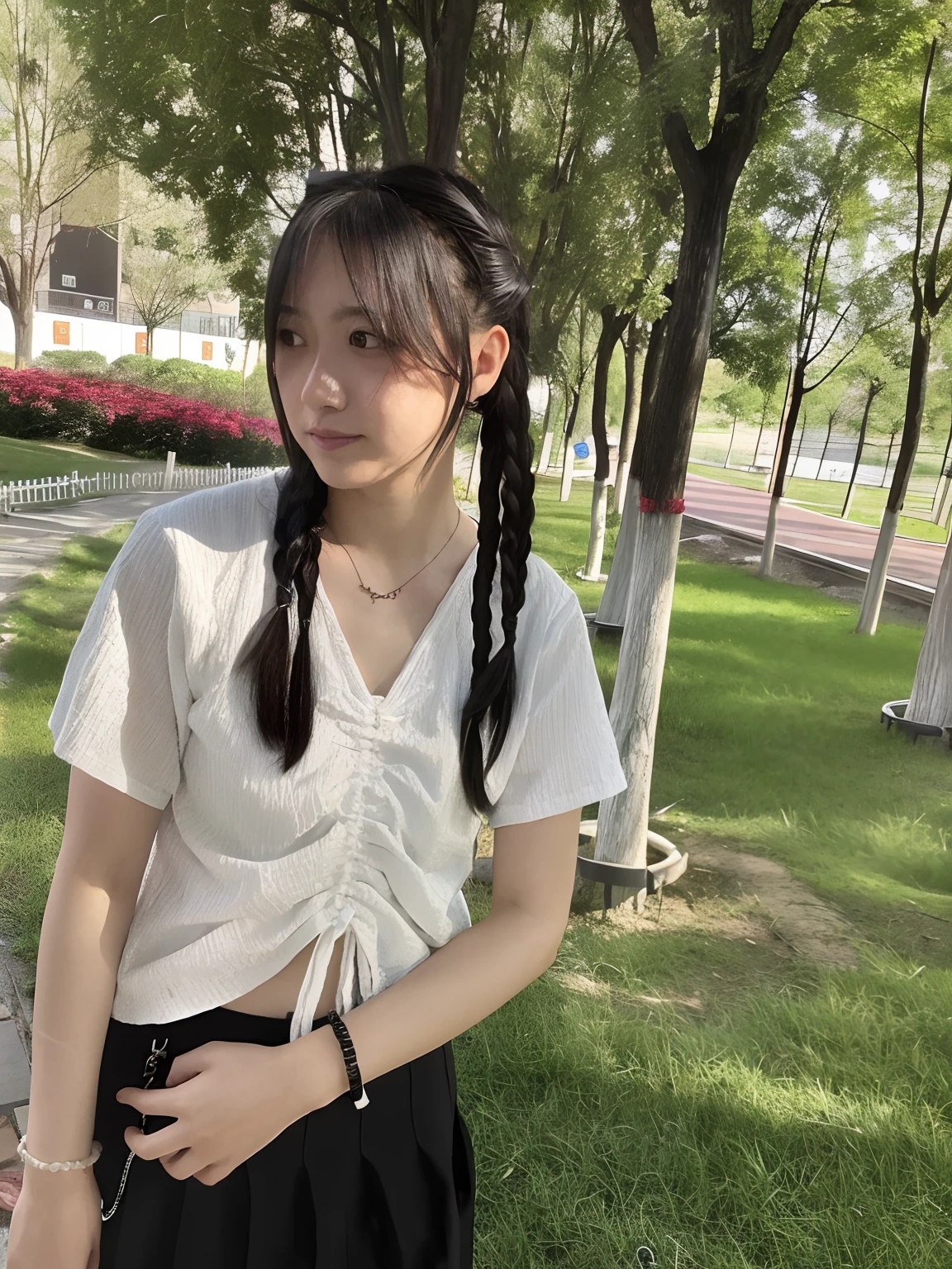 Arafad Asian woman standing in park with purse, Twin tail hairstyle, braid hairstyle, two pigtails hairstyle, short pigtails hair, with black pigtails, long braided hair pulled back, long braided hair on top of head, With long hair, pigtail braids, long flowing braided hair, braidedhair, long pigtail