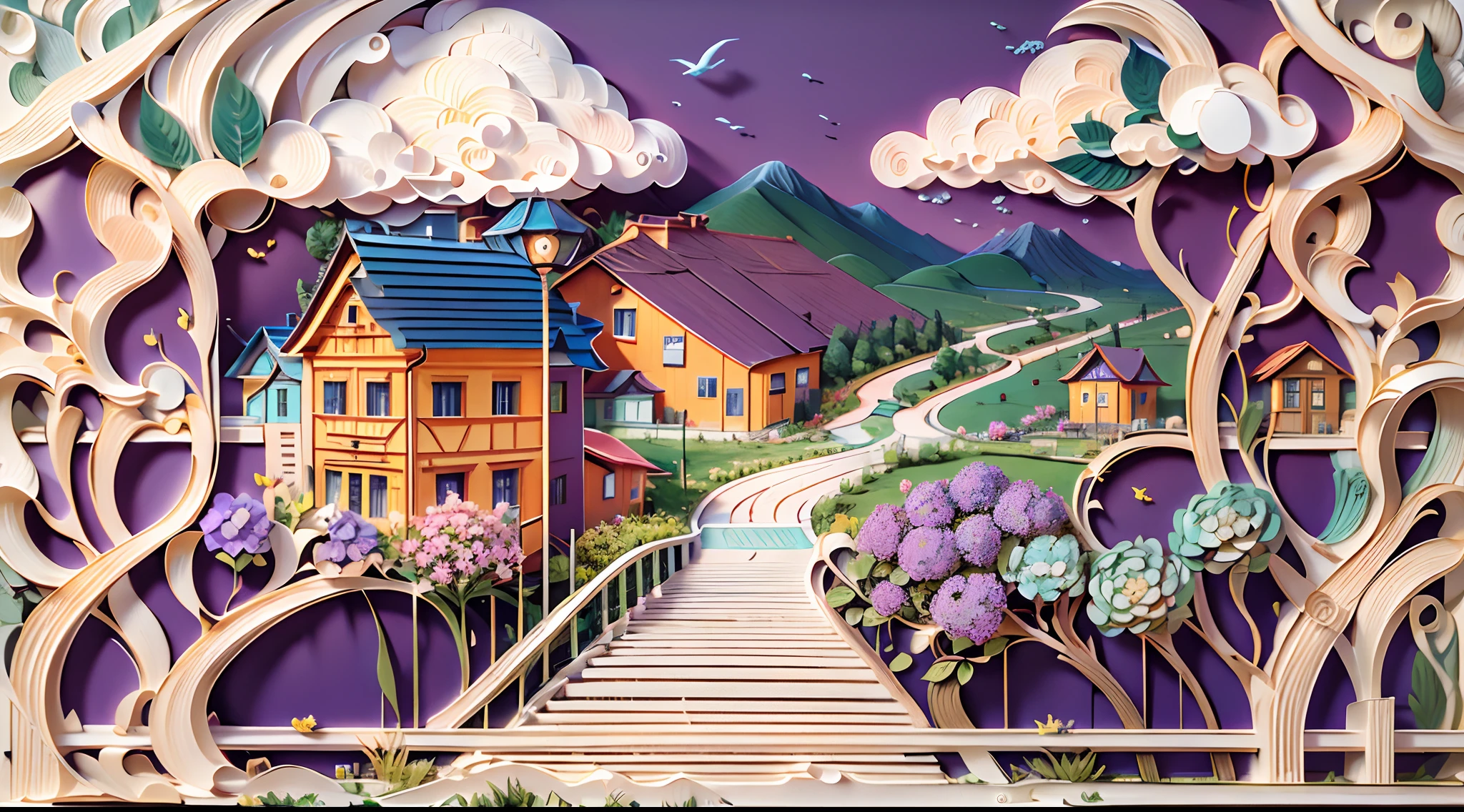 Paper Cuttings style:bridge, Building, Bush, City, Cloud, day, Door, fence, Field,orest, sonoko, Grass, house, hydrangea, Mountain, Nature, No_Humanity, Outdoors, paths, plant, potted_plant, purple_flower, Road, scenery, sky, skyscraper, traditional_Mediums, tree,