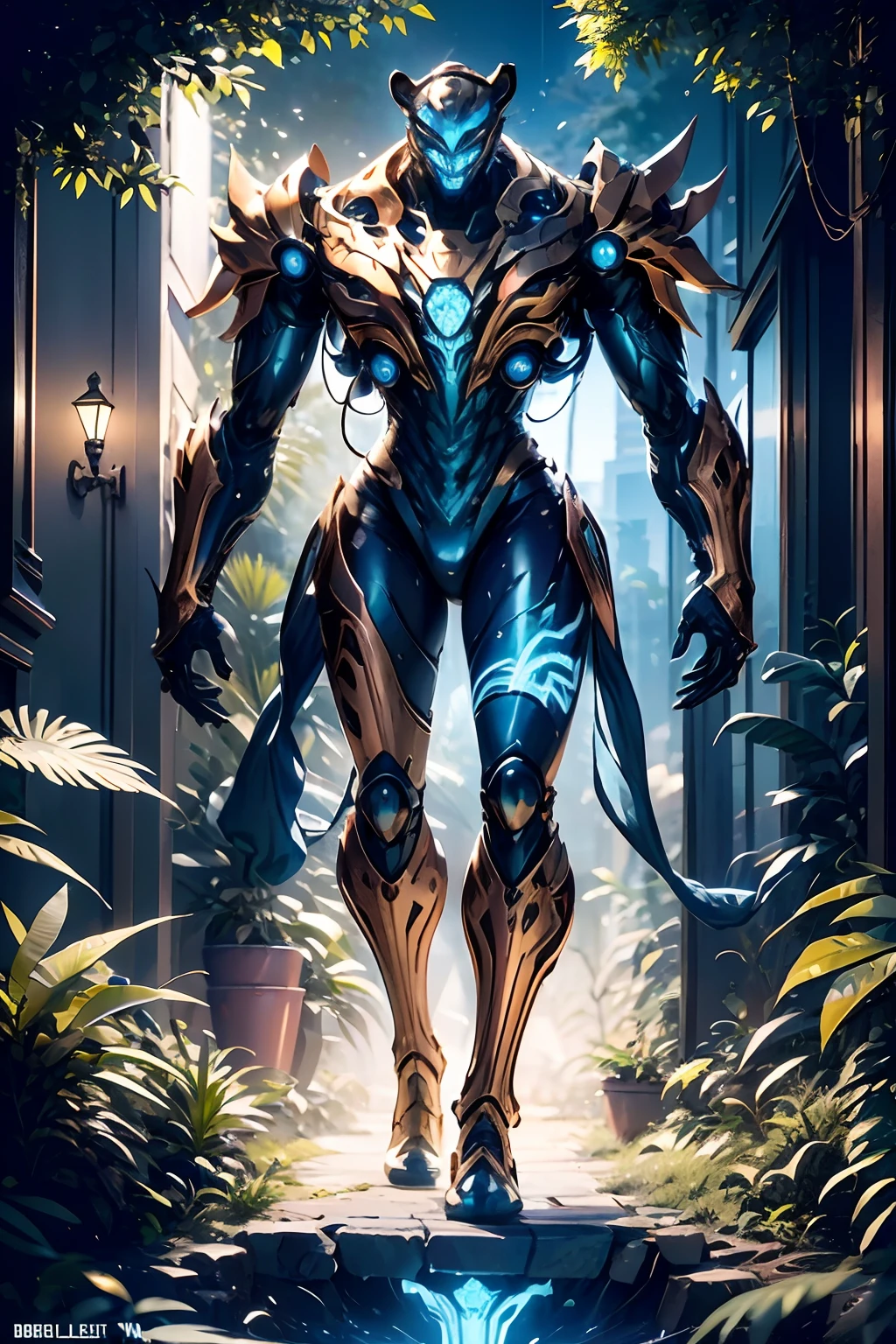 a photograph of a full body mechanical tiger in copper and blue glowing eyes, perched on a tree in the jungle at night, art by Ridley Scott, ultra highly detailed, cinematic, 32k, intricated, high quality,  complex patterns, rust,