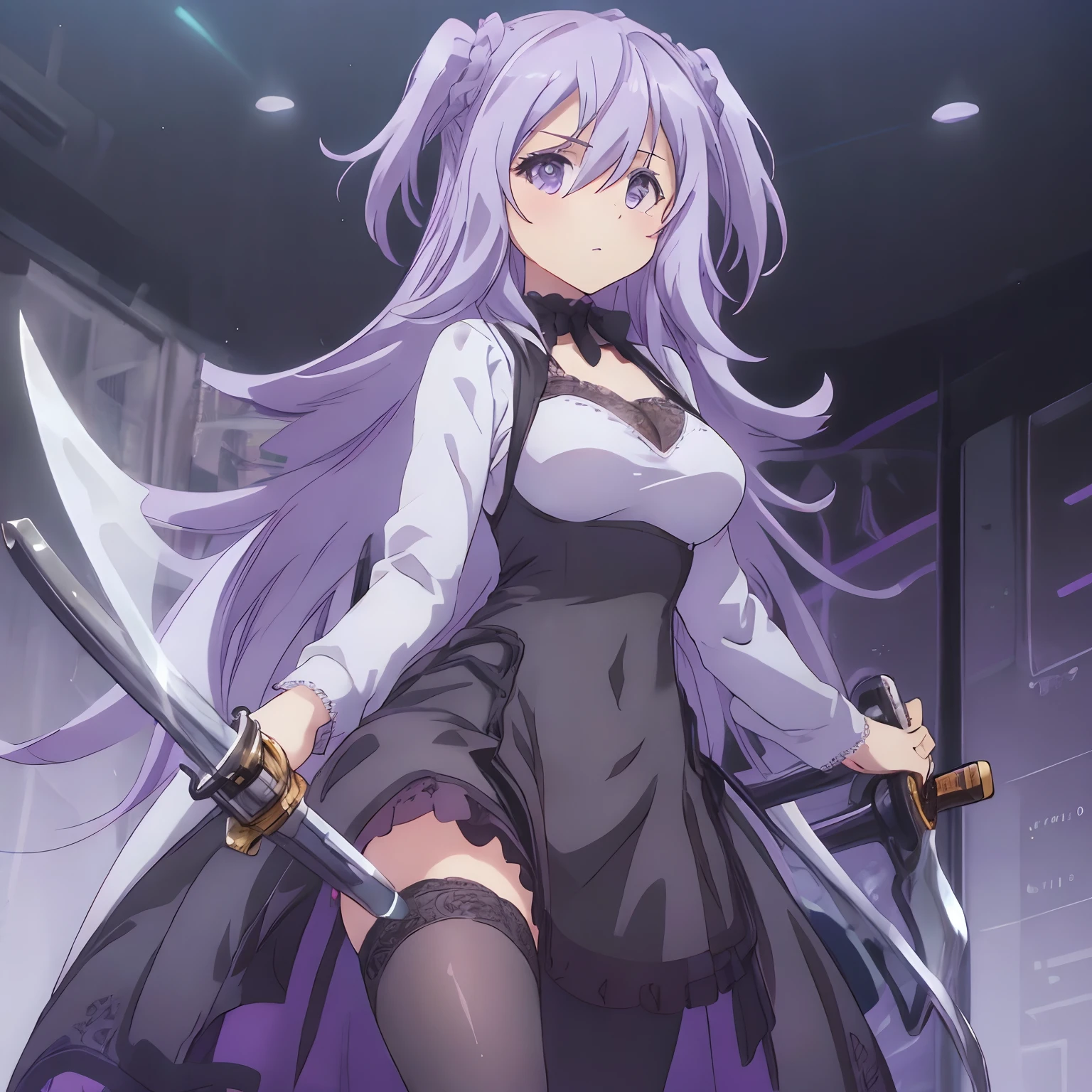 masterpiece, best quality,
1girl,solo, maria,purple hair ,long hair,hair between eyes,two side up, purple eyes, medium breasts,
, solo focus, parted lip, determined eyes, (drawing sword stance),
lace lace dress, black frill dress, long dress frill skirt, tight dress, lace thighhighs, lace garter, classic high heels, lace choker,perfect hands,