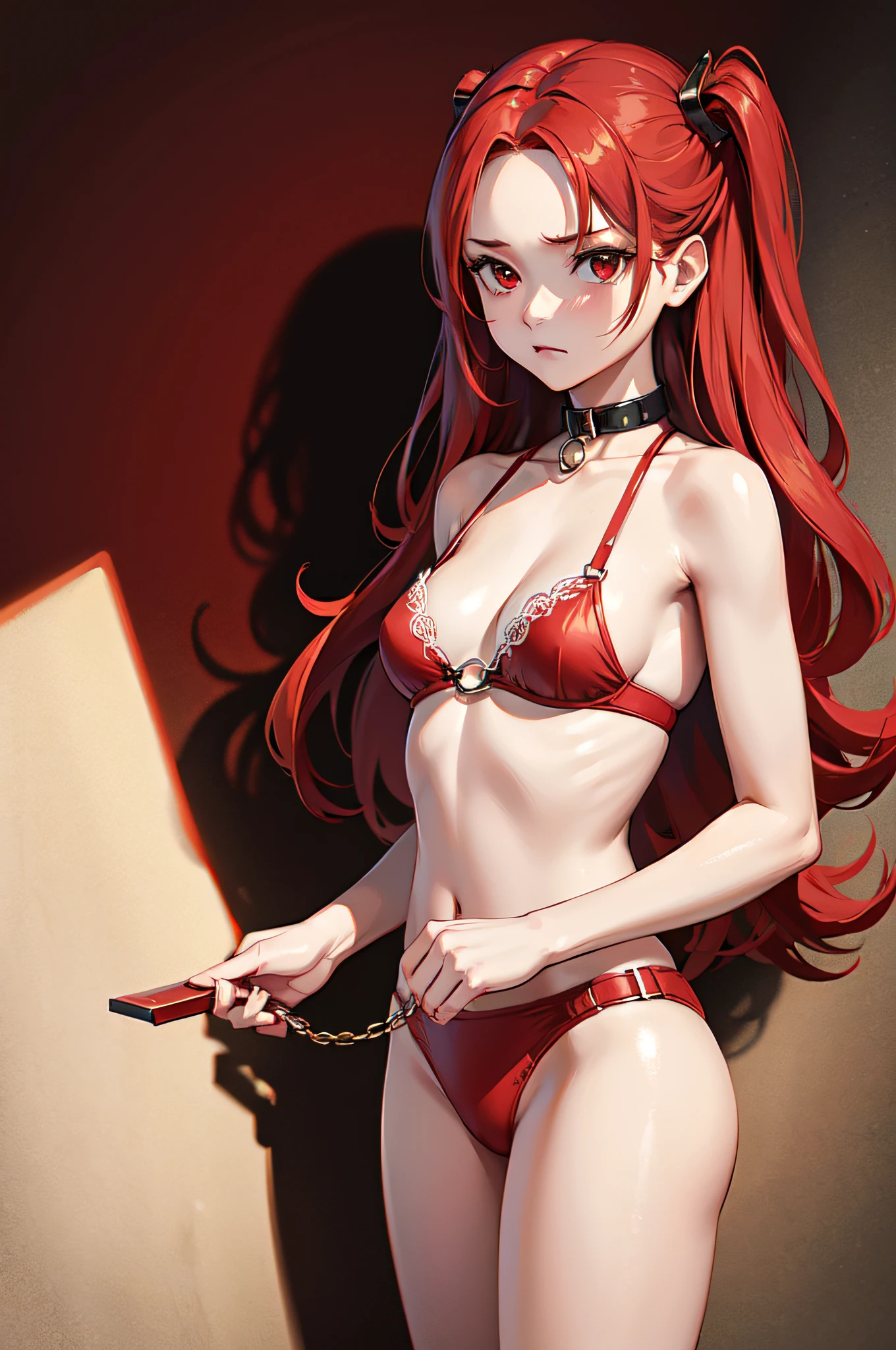 Masterpiece, Best Quality, highres, 1Girl, Solo, red hair, long wavy hair, red Eyes, Upper body only, stonewall background, no shirts, no pants, red brassiere, red underwear, large slave collar, mad face, forehead, handcuffs