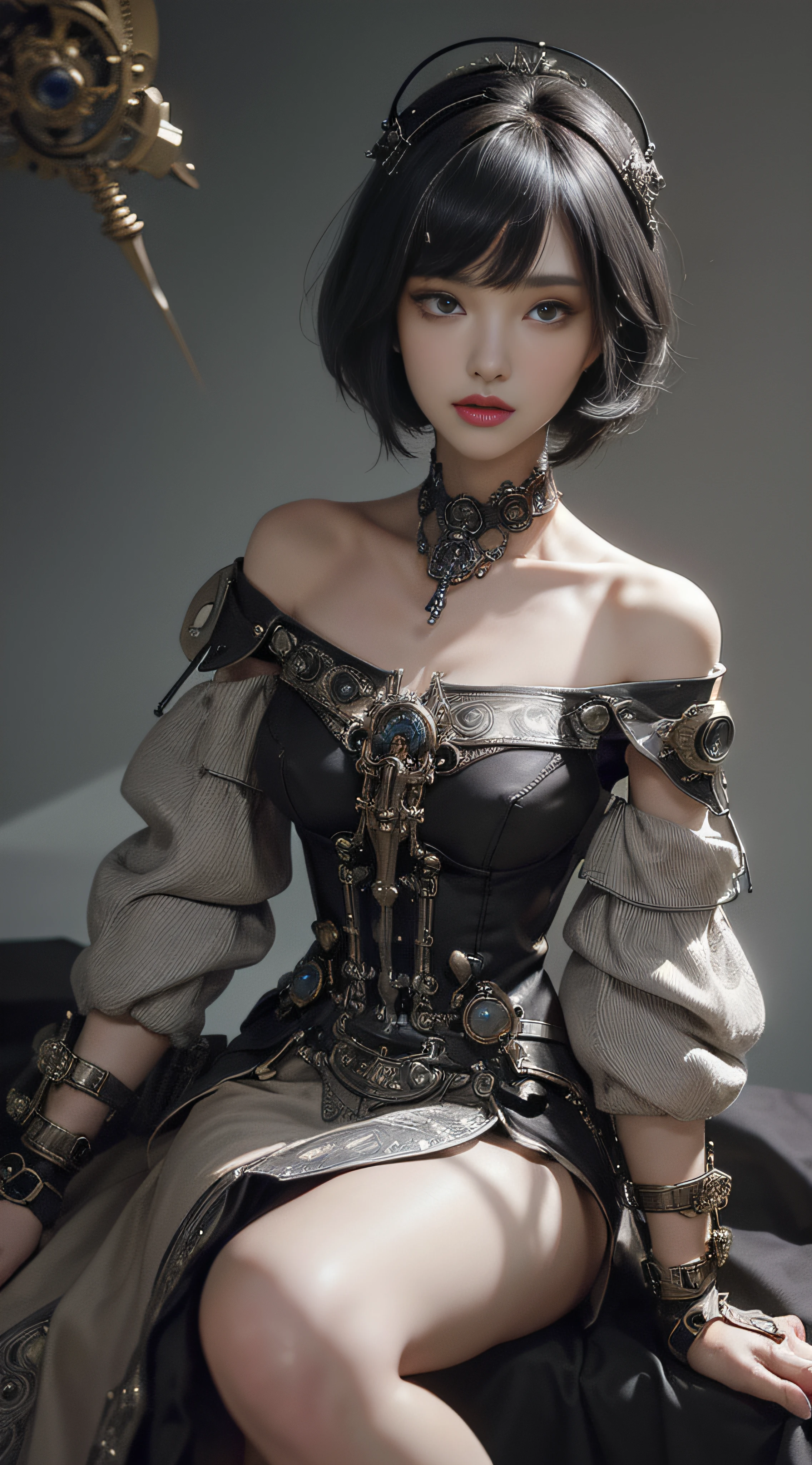 (((Masterpiece, top quality, super detailed))), Composition from the knees up, One female, Slender body, (((short black bob, thick puffy bangs ))), (((very detailed face))), cosmetics-free, small thin nose, small thin-lipped mouth, (((very sharp focused eyes))), large slit precision pale grey eyes, sparkling like jewels, Long eyelashes, ((Very intricate mechanical steampunk fashion, Off-shoulder gothic fashion, Excessively decorative fashion)), (((overall accuracy has improved dramatically, creating a super detailed and realistic image))), Super realistic photo.