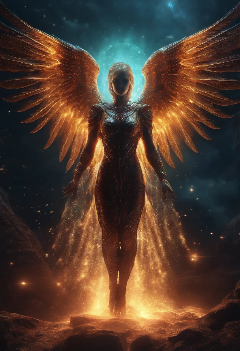 Cosmic Fallen Angel, glowing light eyes, Biomechanical, eerie, Creepy, nightmarish, Very bright colors, Light particles, with light glowing, Mshiff, wallpaper art, UHD wallpaper