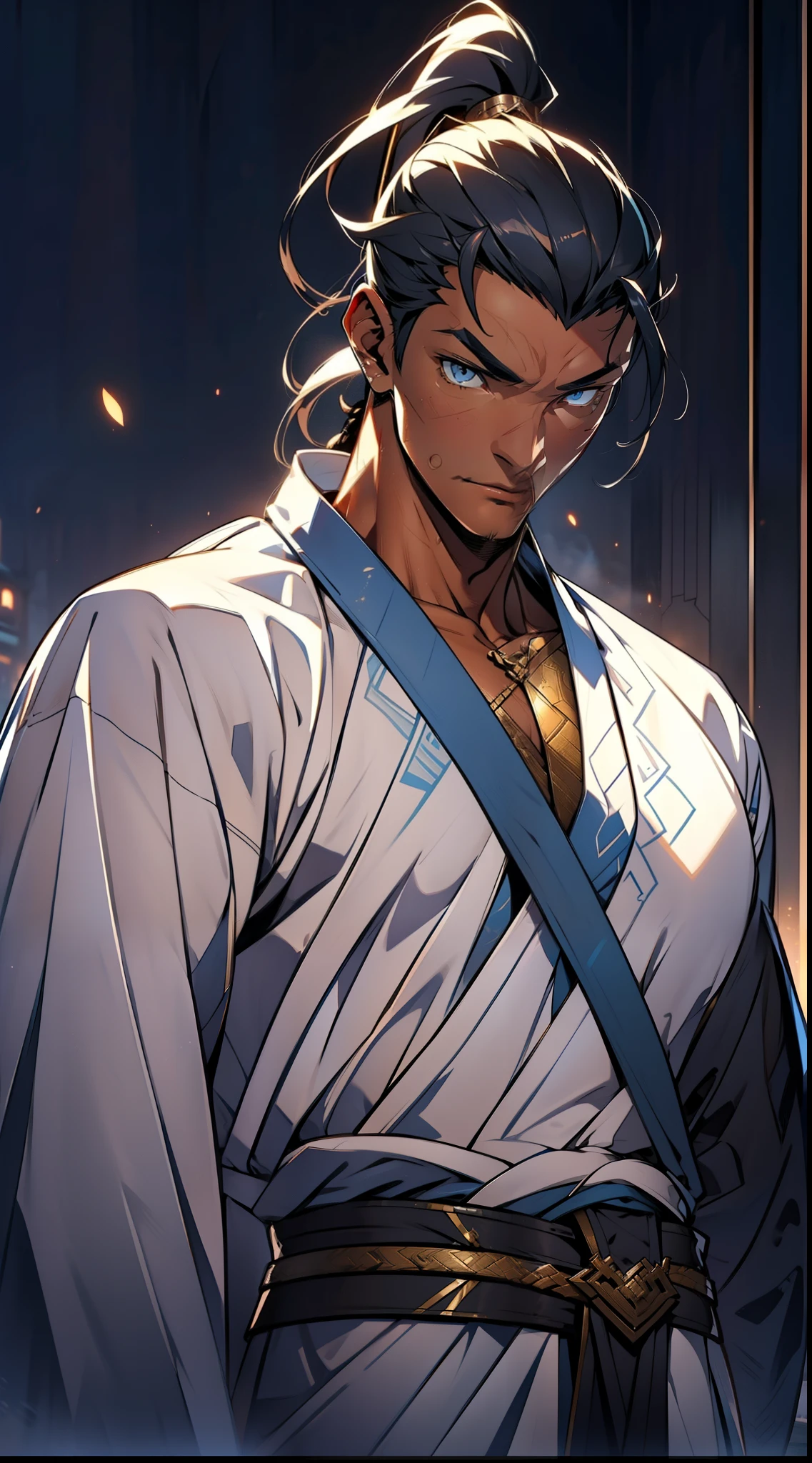quadratic element,style of anime,mtu(Male Warrior),The proportions are correct,Face details,swordsmen,High ponytail hairstyle,Neck details,There is an Adam's apple,White robe,kaftan,long white robe,clothes details,Handing over,longer sleeves,Game quality,Swordsmanship,Light and shadow tracking,Ray traching,detailed glow,cg render,hair detail,cabelos preto e longos,blue colored eyes,Handsome,Handsome,(juvenile sense),Clothing is complicated,Perfectcomposition,Refinement,high qulity,higher details,Lots of details,The background is complex,a sense of atmosphere,