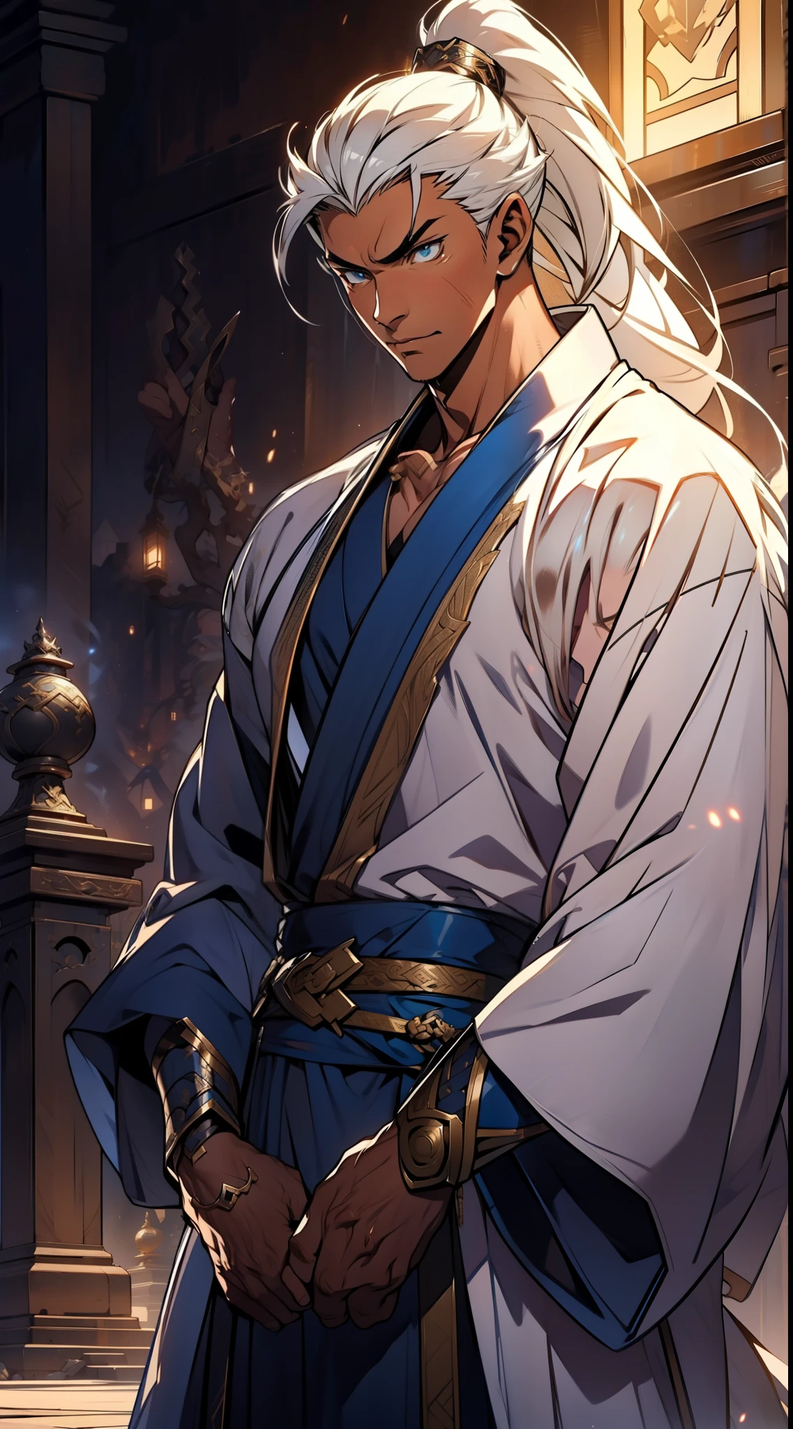 quadratic element,style of anime,mtu(Male Warrior),The proportions are correct,Face details,swordsmen,High ponytail hairstyle,Neck details,There is an Adam's apple,White robe,kaftan,long white robe,clothes details,Handing over,longer sleeves,Game quality,Swordsmanship,Light and shadow tracking,Ray traching,detailed glow,cg render,hair detail,cabelos preto e longos,blue colored eyes,Handsome,Handsome,(juvenile sense),Clothing is complicated,Perfectcomposition,Refinement,high qulity,higher details,Lots of details,The background is complex,a sense of atmosphere,