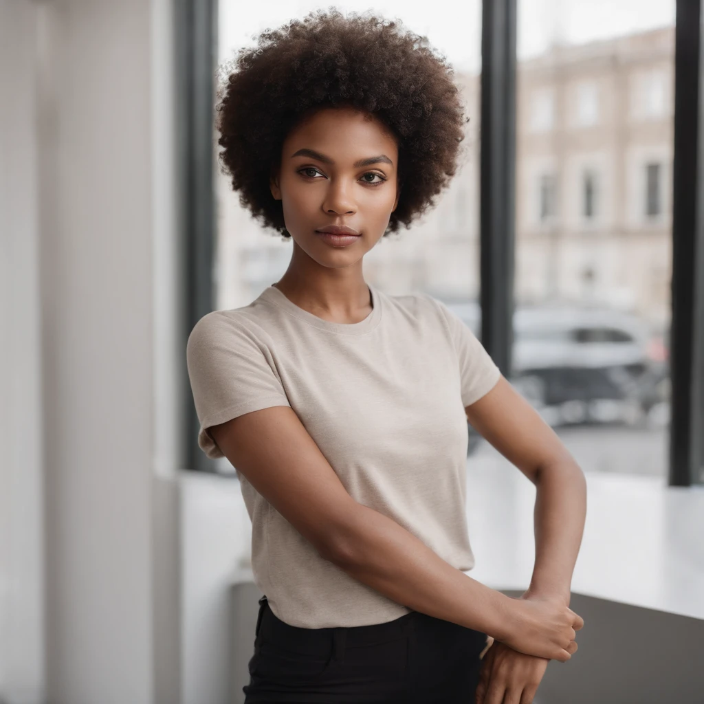 beautiful dark light skin woman with an afro hair style, Out-front photo of Influencer looking at the camera with hands crossed and folded in front of her, Barely any emotion. Looking straight onto the camera. Arms are crossed in front round rib cage,Plain Leggings Black, Setting
In her Manufacturing office (with a heat press). She presses a lot of her own tees.