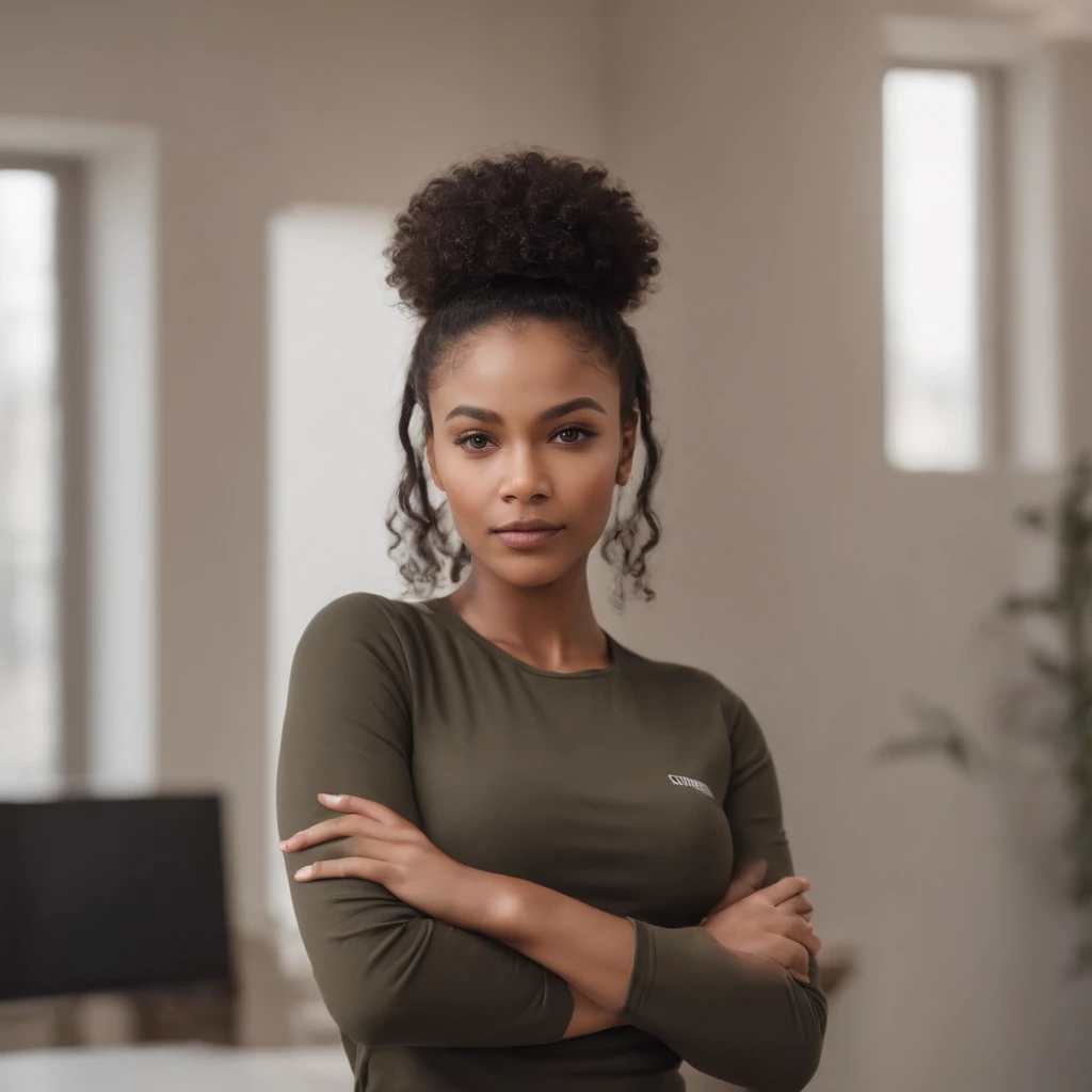 beautiful dark light skin woman with an afro hair style, Out-front photo of Influencer looking at the camera with hands crossed and folded in front of her, Barely any emotion. Looking straight onto the camera. Arms are crossed in front round rib cage,Plain Leggings Black, Setting
In her Manufacturing office (with a heat press). She presses a lot of her own tees.