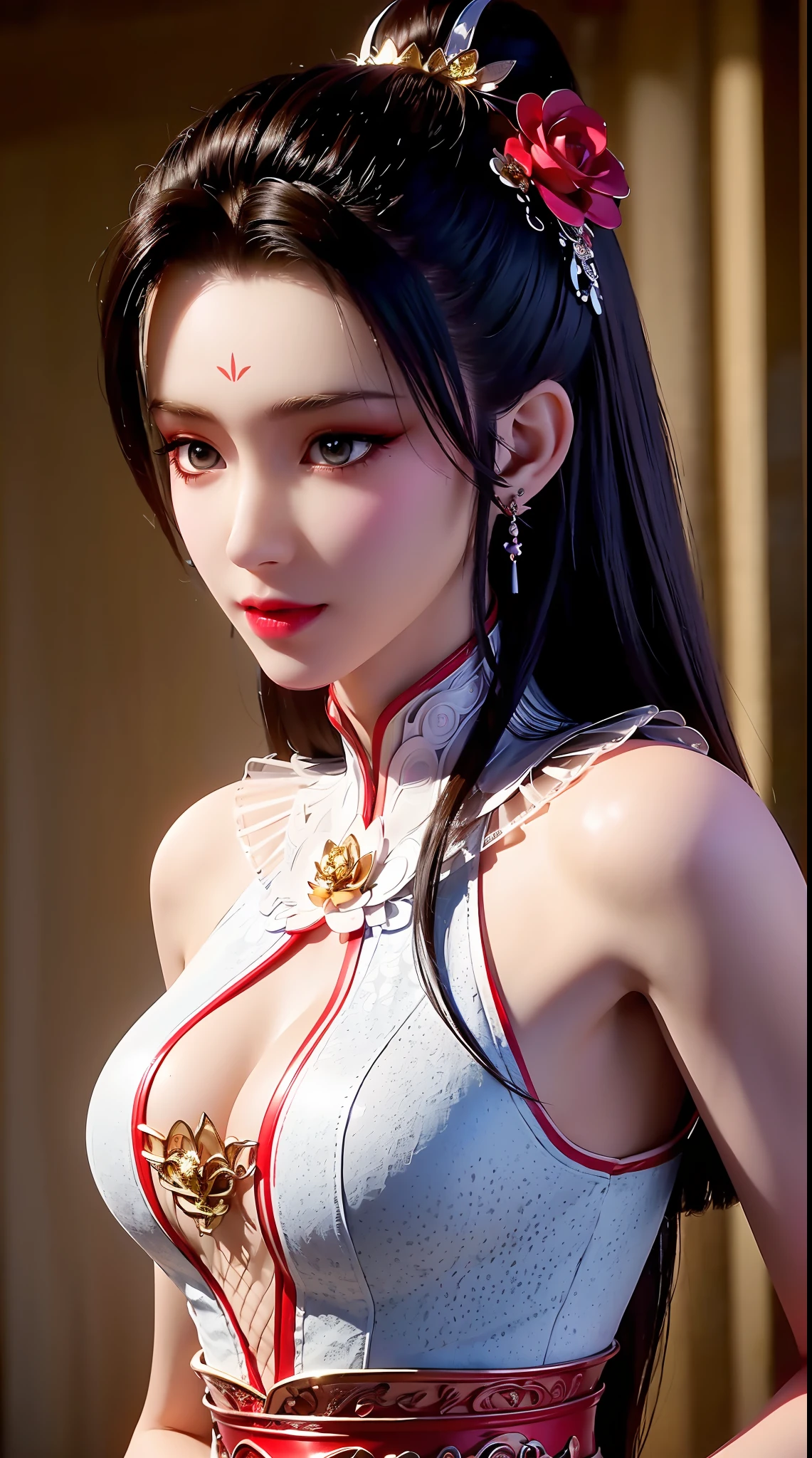 "1 beautiful girl wearing traditional costume, long thin red and white silk dress meticulously sewn, low-cut shirt, low slit, long black hair and bangs, most detailed and beautiful hair jewelry, mold most beautiful and flawless face, ((black eye pupils:0.8)), very beautiful eyes, big round eyes, ((red brown eyes:1.6)), beautiful and detailed makeup eyelashes, nose tall, earrings, small red lips, rosy face, clean face, flawless beautiful face, smooth white skin, ((large breasts: 0.9)), Blums breasts, ((chest big and super round: 0.9)), ((super tight breasts: 1.2)), ((breast augmentation: 0.8)), beautiful breasts, slim and petite body, ((thin waist: 0, 9)), upper body of a beautiful girl, sexy girl, fishnet stockings color coordinated according to outfit, 8k photo, super high quality, surreal, 10x super pixels, realistic photo, dark studio, background bright, two-tone light, (high detail skin: 1.2), 8k uhd, soft light, high quality, volumetric light, realistic, High resolution photo, light, best photo, quality 4k, 8k, smooth and sharp, increased pixels by 10 times, super graphics, most realistic graphics, (((rose flowersbackground: 1.6))), 1 girl, alone, solo, ((portrait direct:1.2)), Extremely sharp, super realistic images."