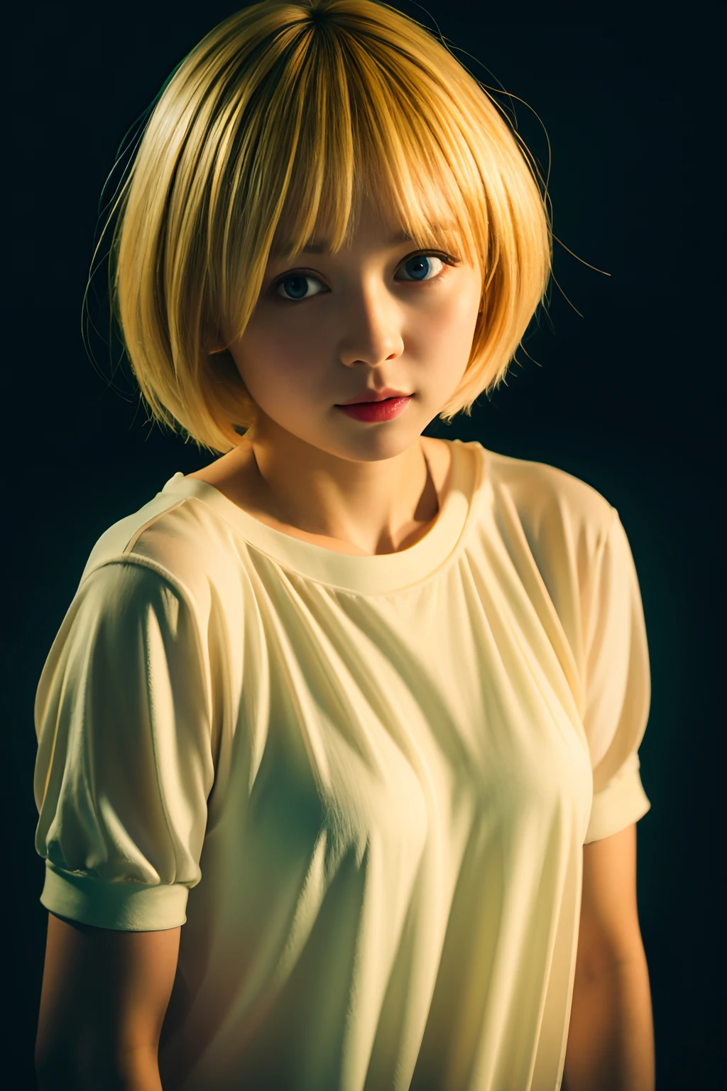 Short blonde hair,the night,pureloli,deep shading,cold light,low tune,in the darkness nigth,RAW photogr,best qualtiy,tmasterpiece,Ultra-high resolution,Realistic1.5
