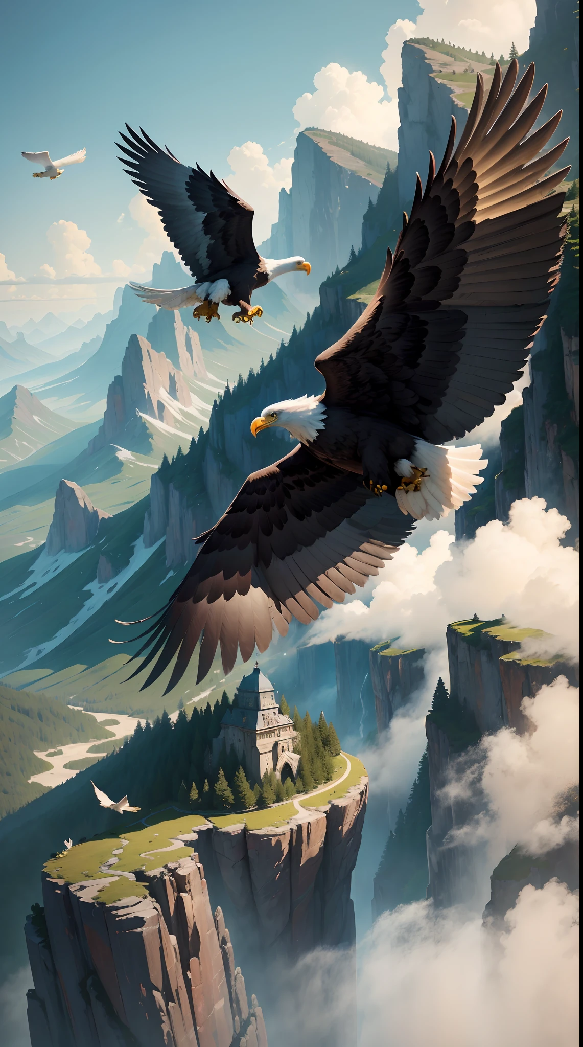 A painting of eagles flying through the mountains and forest