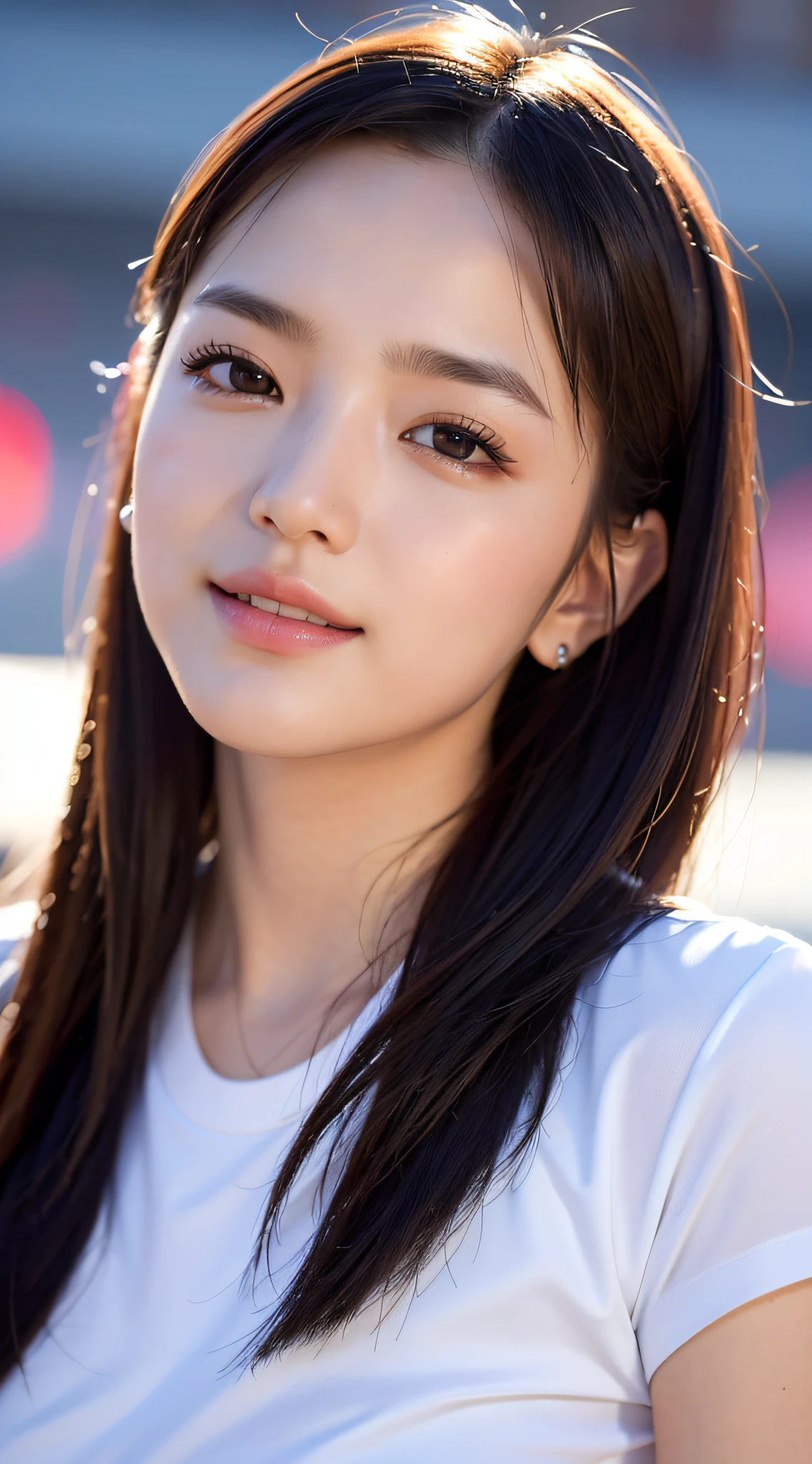 masterpiece, top-quality, 8K, absurderes, (The upper part of the body:1.4), whiteshirt, beautiful a girl, Clean face, looking at the viewers, a smile, A hyper-realistic, hight resolution, Pictures, chromatic abberation, foco nítido, nffsw, face lights, Dynamic lighting, Movie Lighting, Professional Shadows, athletic stadium background, highestdetailed, ighly detailed, ultra-detailliert, finely detail, authentic skin, Delicate facial features, Detailed face and eyes, Sharp pupils、Realistic pupils
