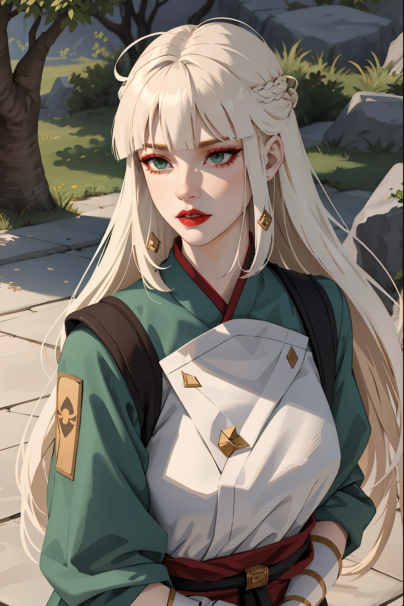 (masterpiece:1.2, best quality), (real picture, intricate details), 1lady, solo, upper body, casual, long hair, heavy makeup, white face, red lipstick, red eyeshadow, natural fabrics, close-up face, serious, warrior, female warrior, armour, really long light platinum blonde hair, platinum blonde voluminous hair, cute bangs, hair bangs, bangs between eyes, soft bangs on forehead, green eyes, mature face, 1female, 1woman, 1beautiful girl, Kyoshi uniform, Kyoshi makeup, Kyoshi Warrior (Avatar the Last Airbender)